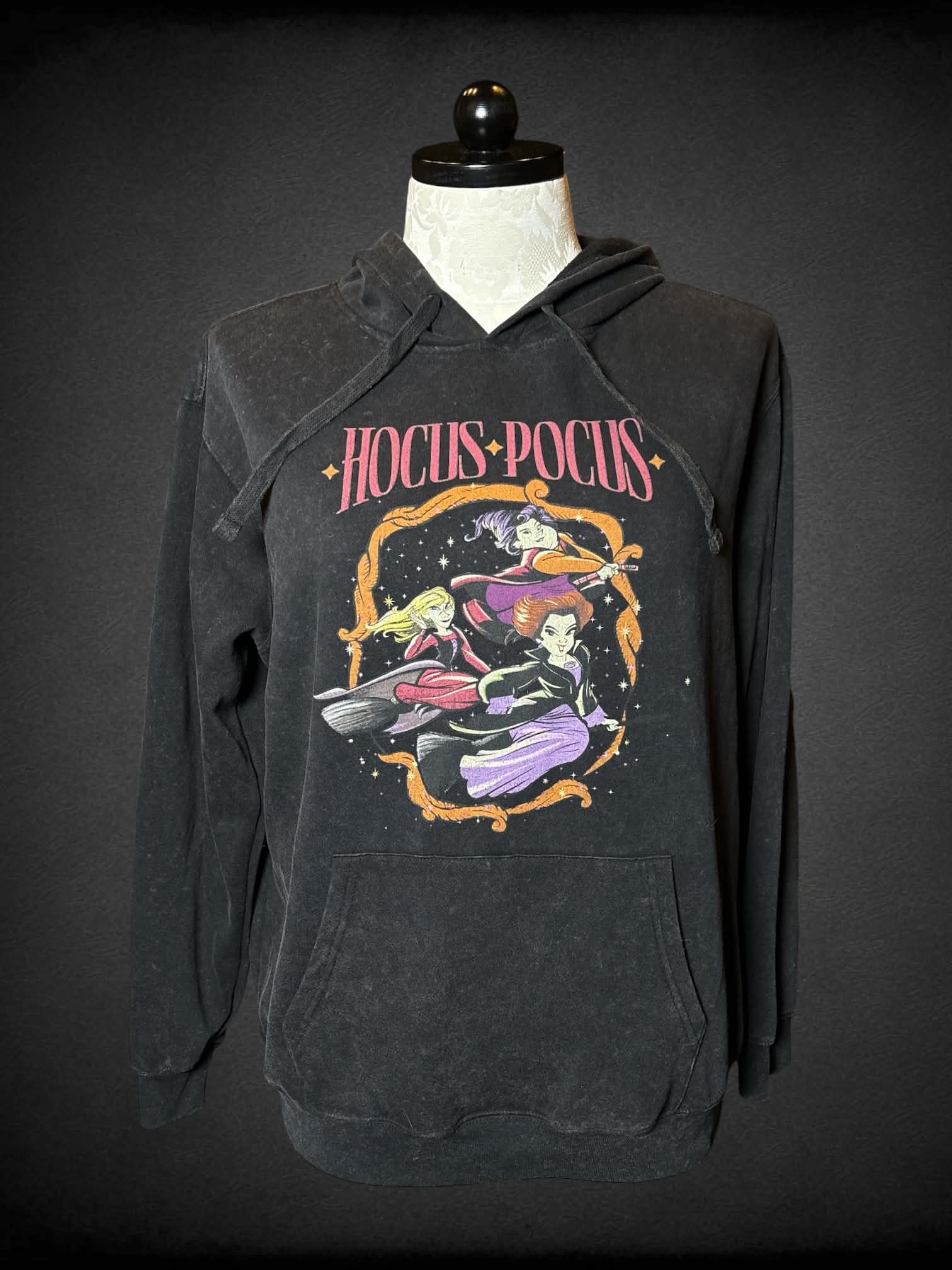 1X Disney charcoal grey pullover hoodie with “Hocus Pocus” witch graphic on front