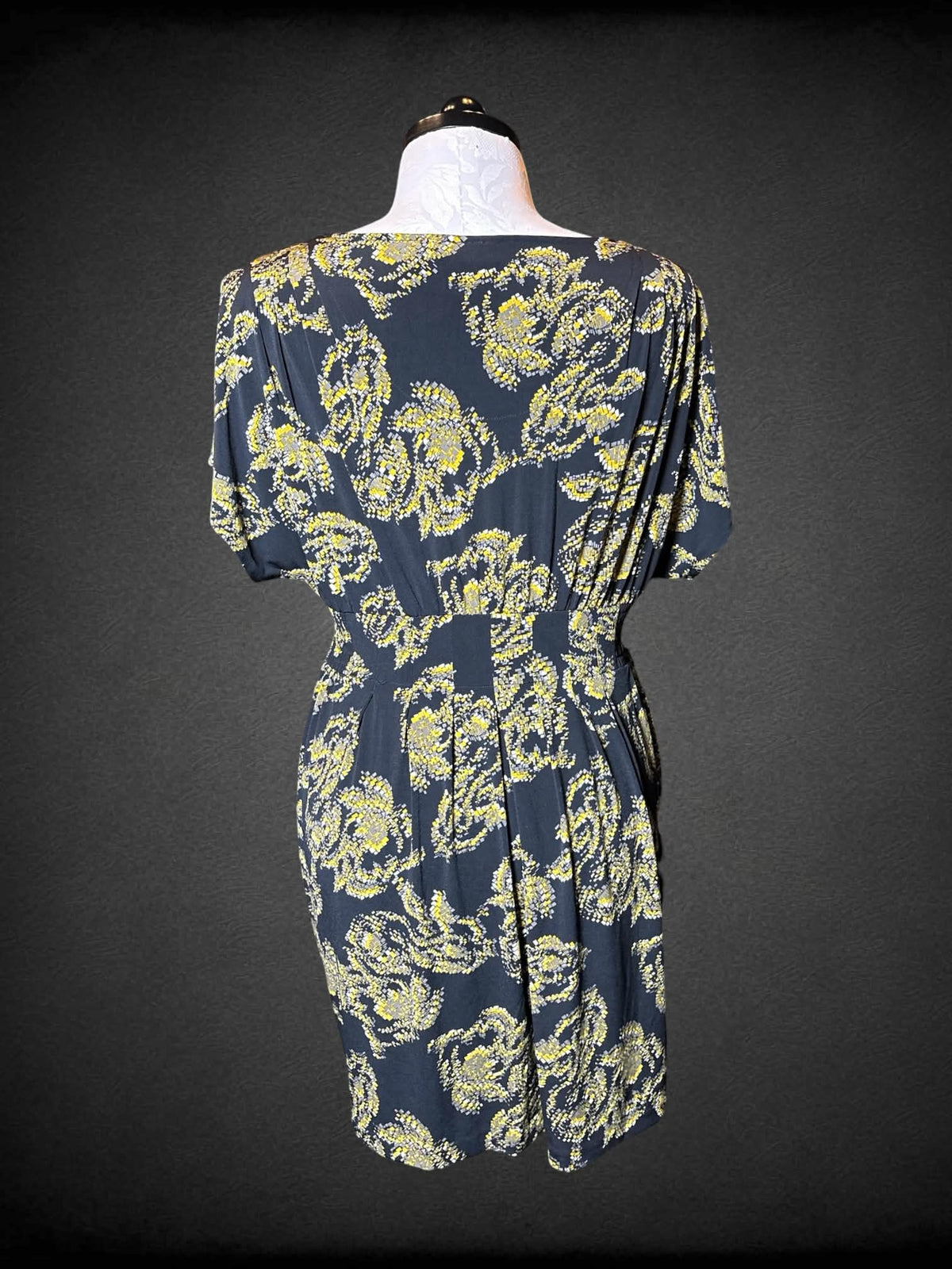 1X Elle black short dress with yellow & grey pixelated-like pattern, and belt loops