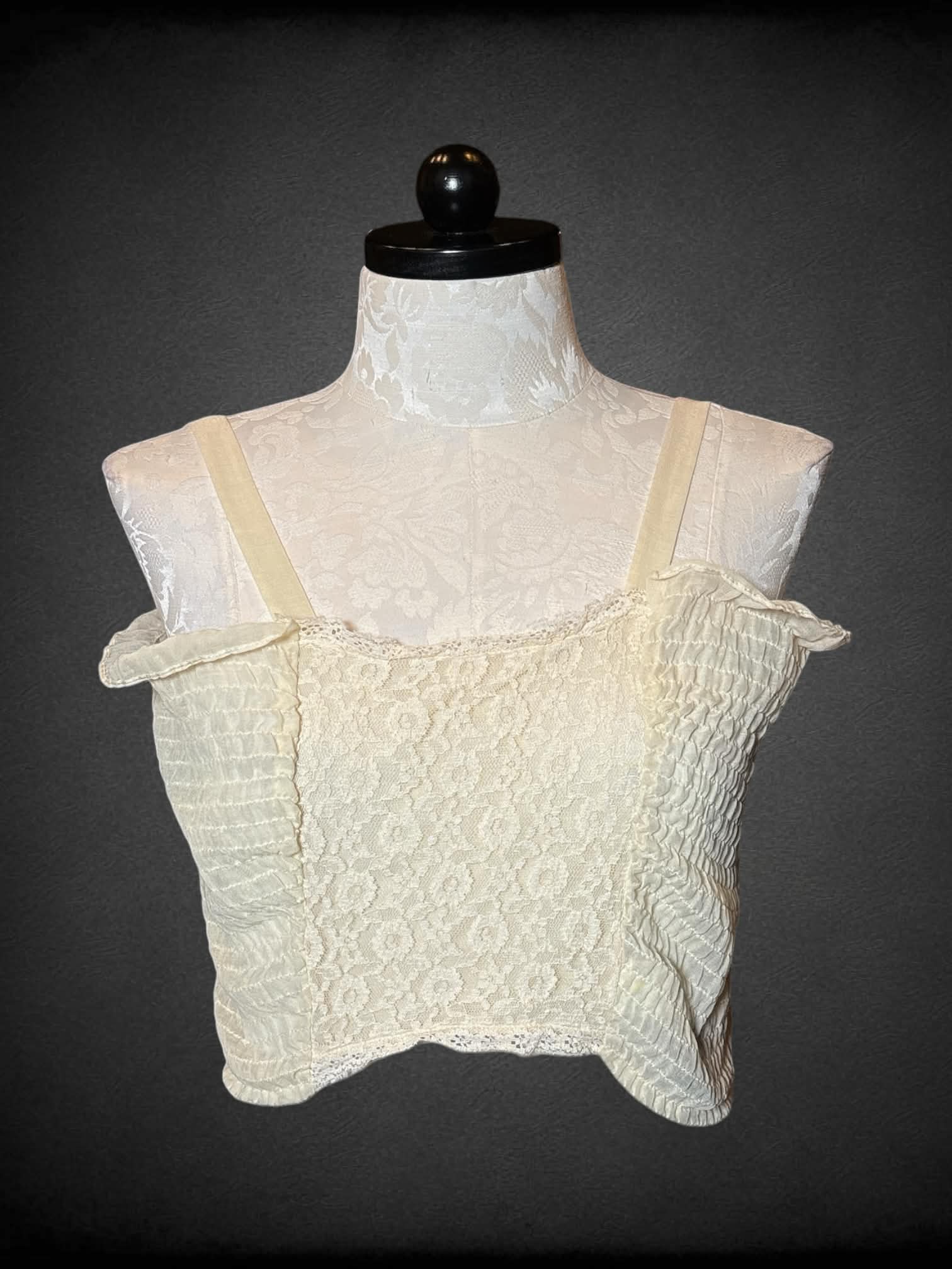 0X Avon Fashions vintage off-white sheer cropped top with floral lace design on front