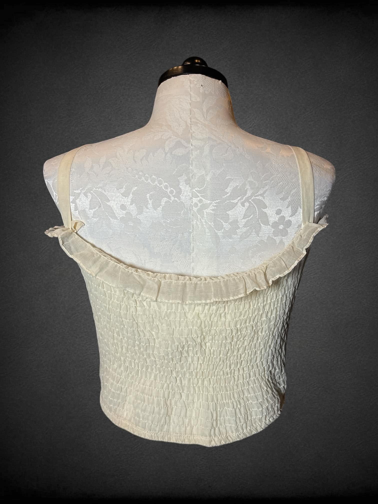 0X Avon Fashions vintage off-white sheer cropped top with floral lace design on front