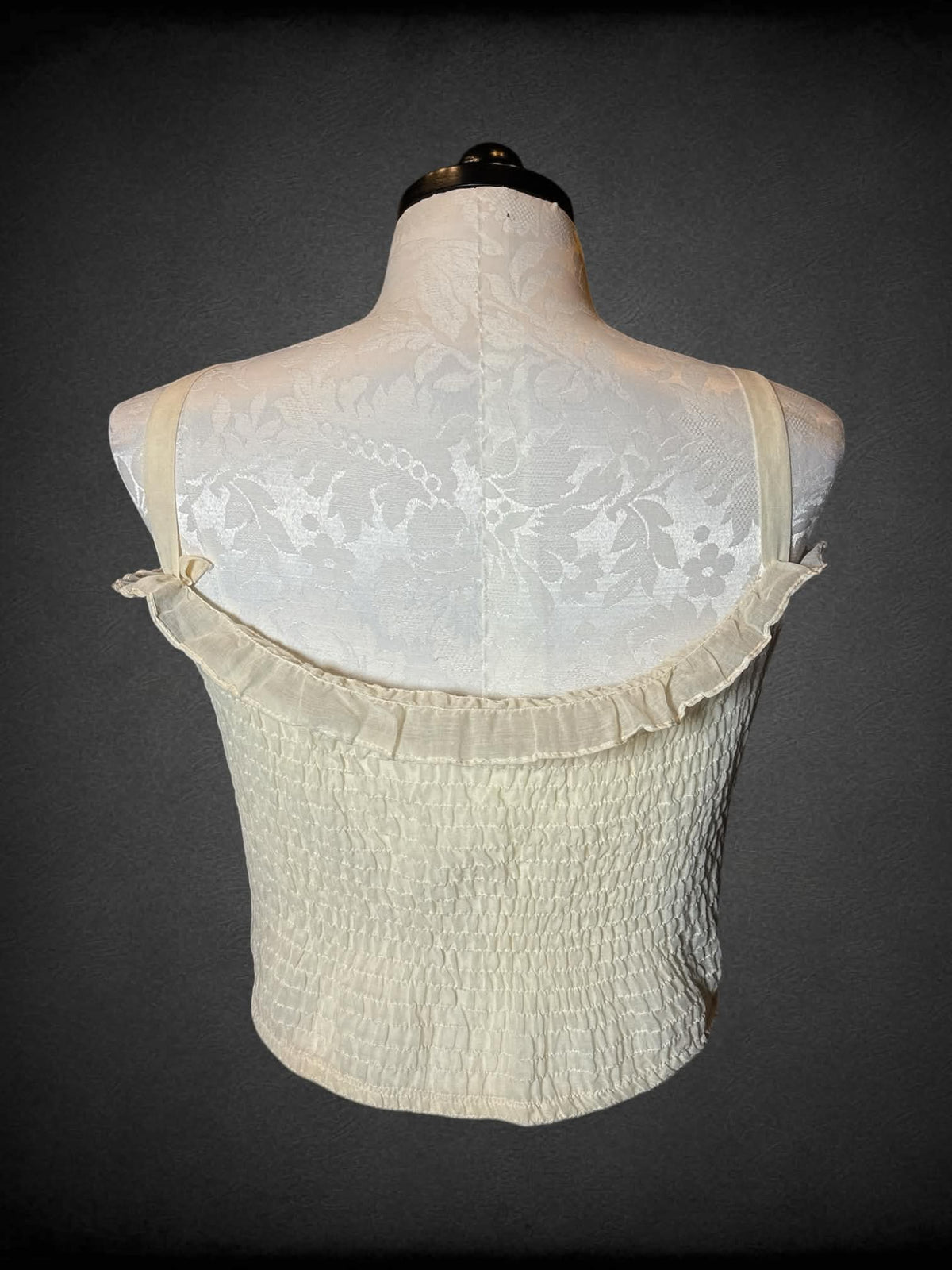 0X Avon Fashions vintage off-white sheer cropped top with floral lace design on front