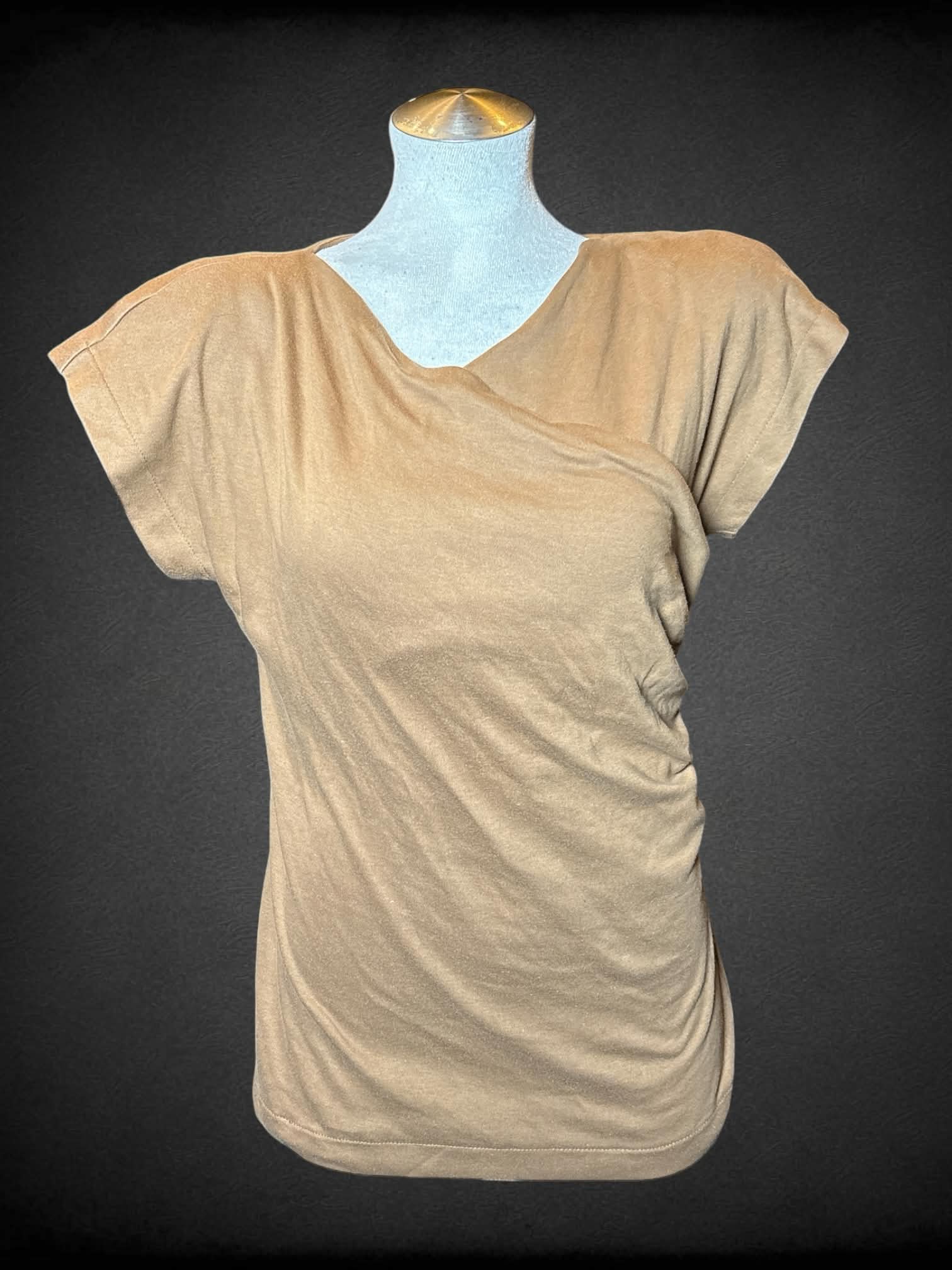 L Saks Fifth Avenue vintage brown top with padded shoulders, and wrap around design on front