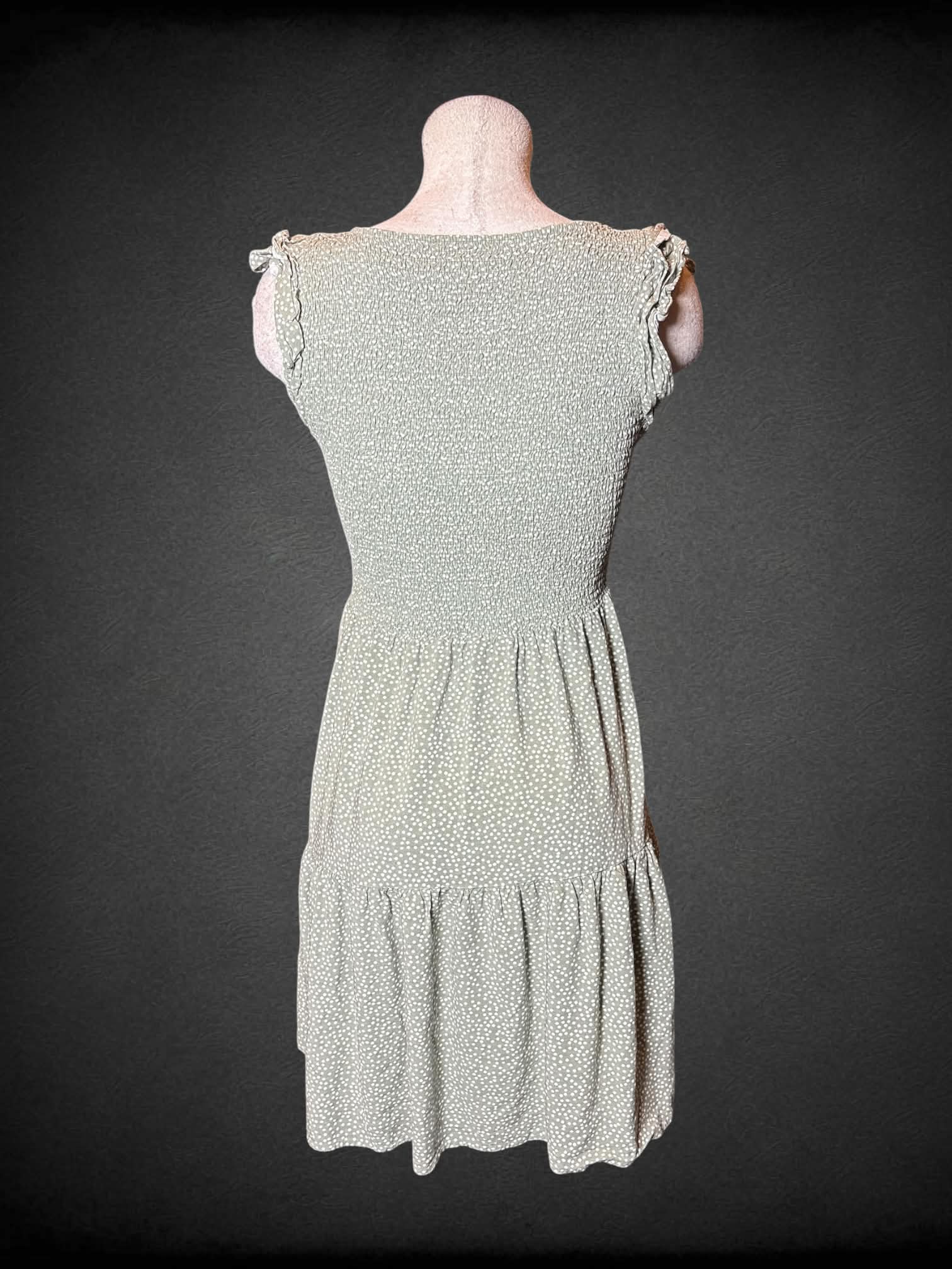 L Loft green short dress with shirred top, ruffle sleeves, and white spotted pattern