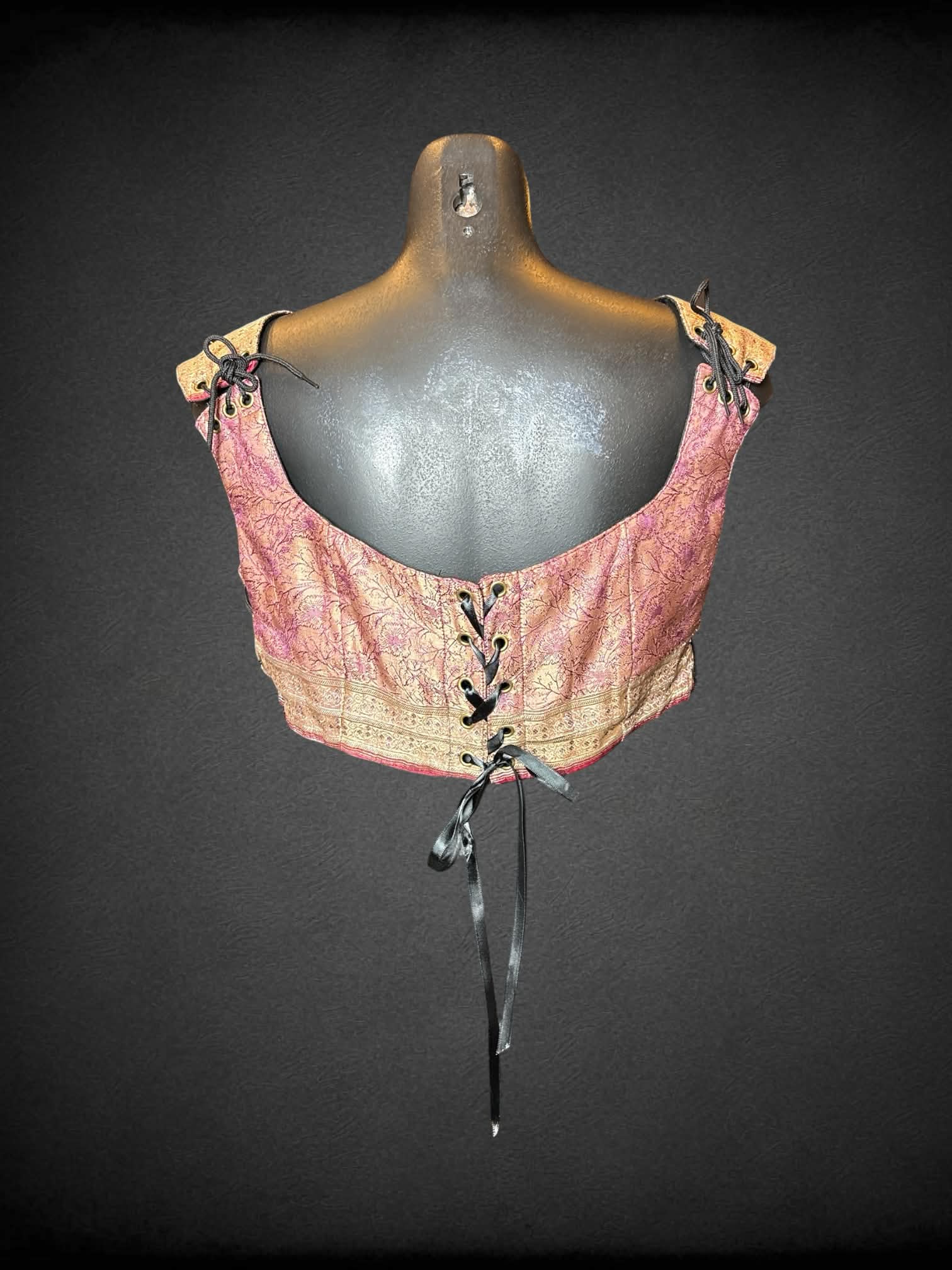 M/L peachy corset top with floral embroidery, and tie up laces on front, back and sides