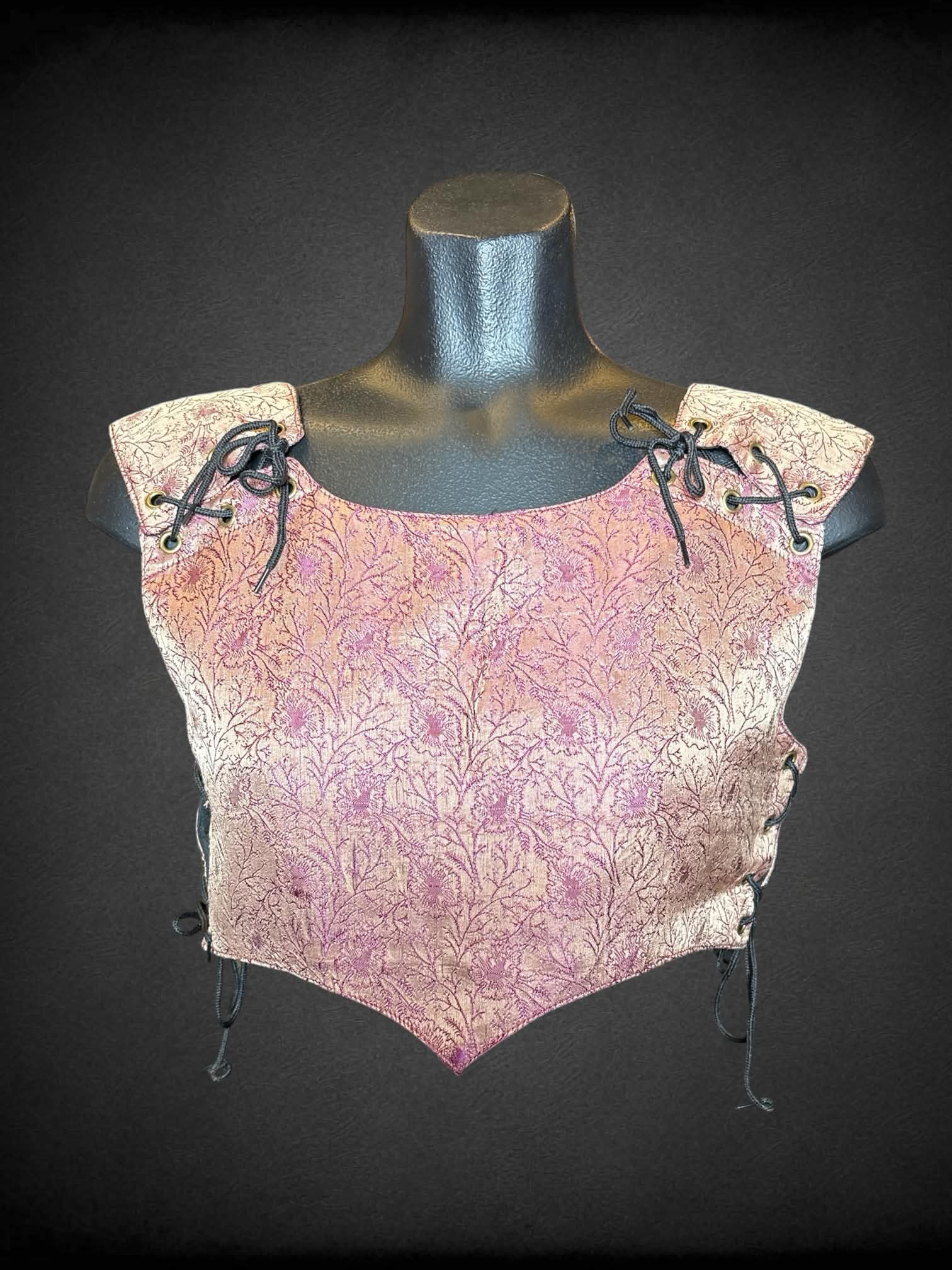 M/L peachy corset top with floral embroidery, and tie up laces on front, back and sides
