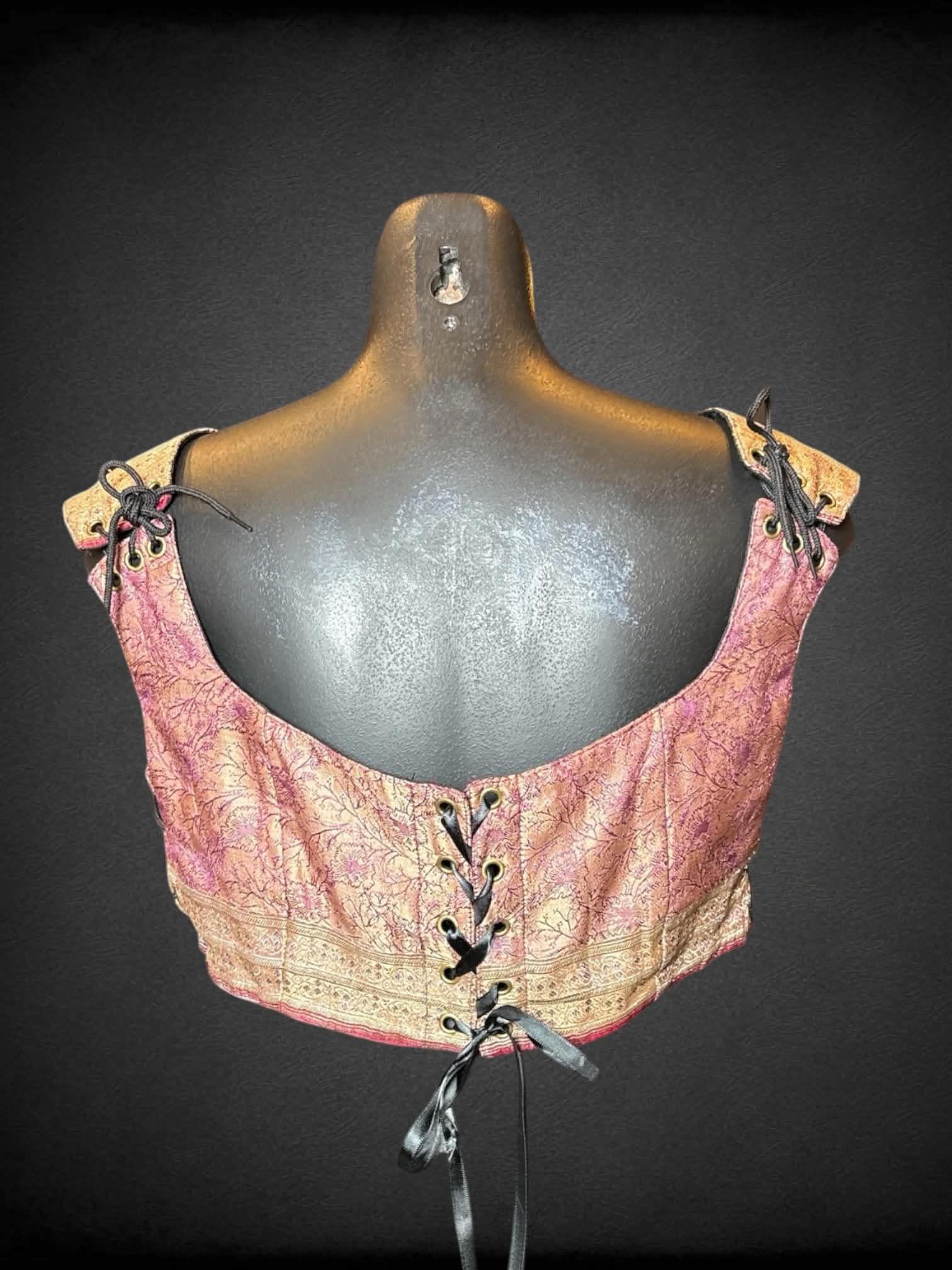 M/L peachy corset top with floral embroidery, and tie up laces on front, back and sides