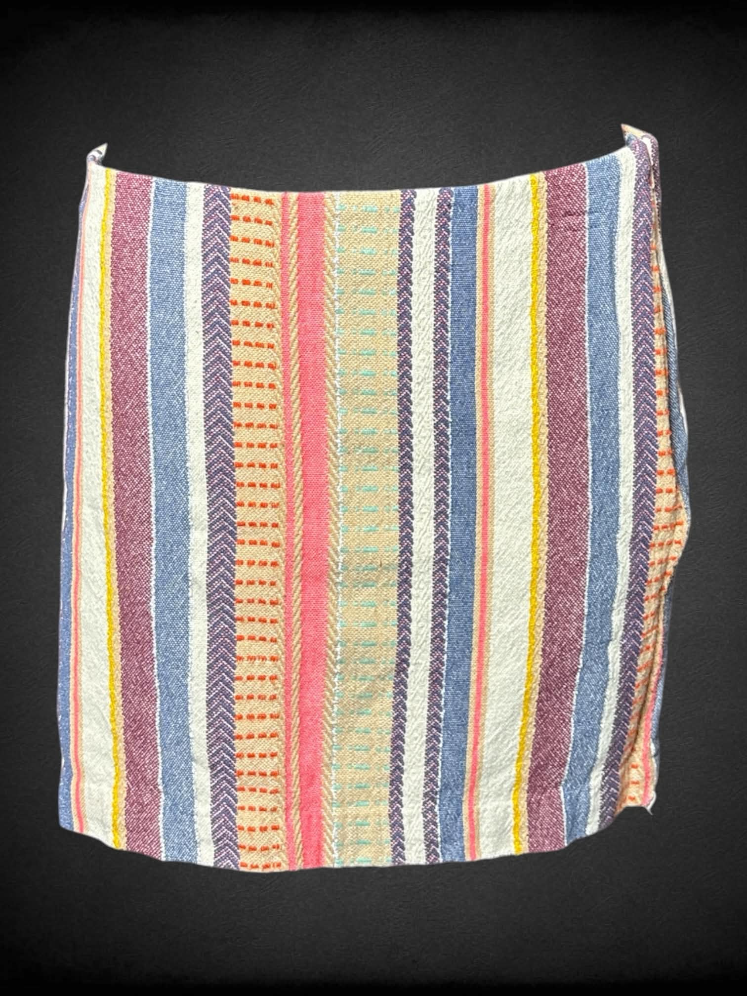 M Divided white woven pencil skirt with colorful striped pattern, and zipper on side