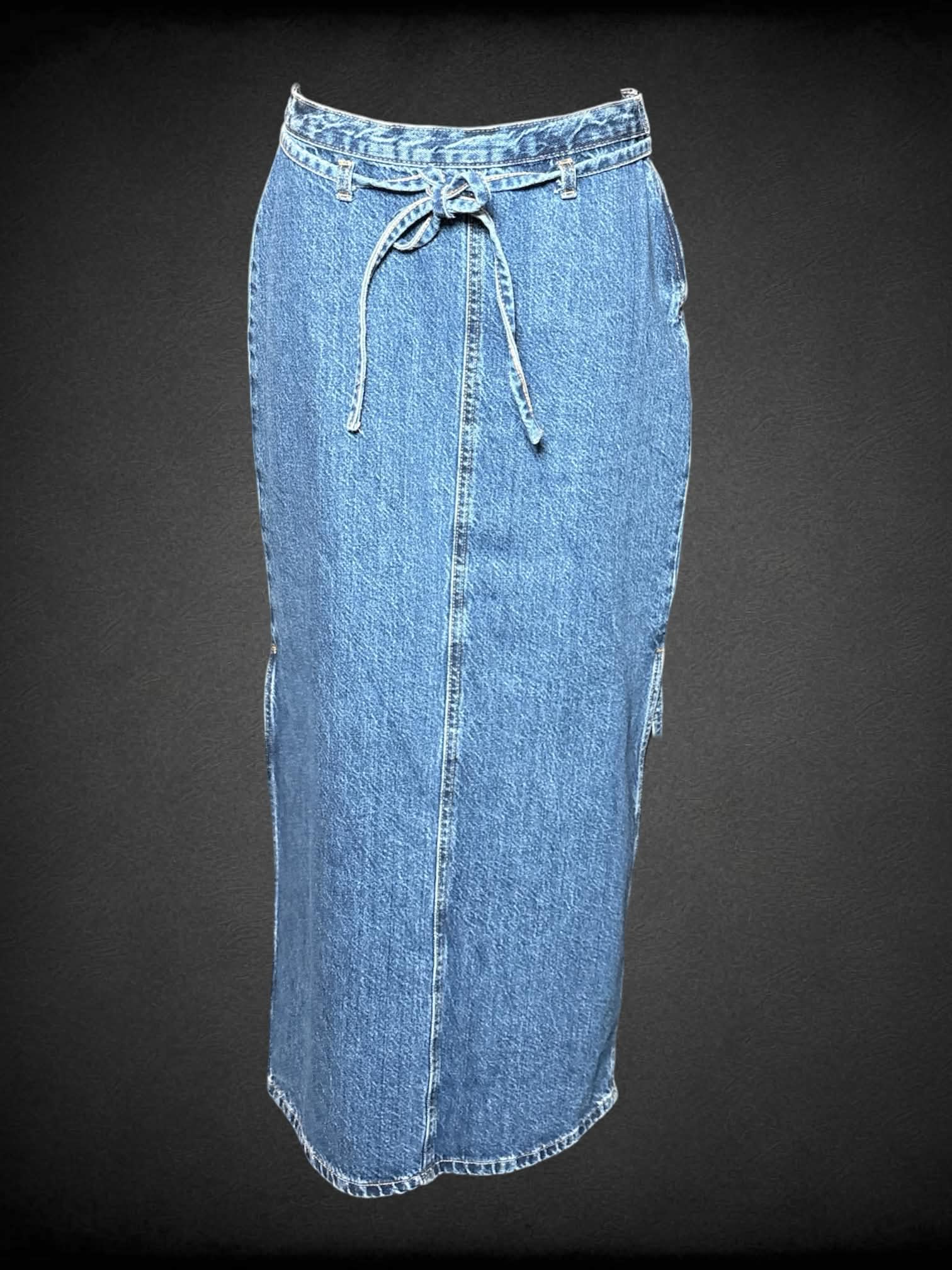 M Lefties long denim skirt with slit in skirt, zipper on side; and tie on waist