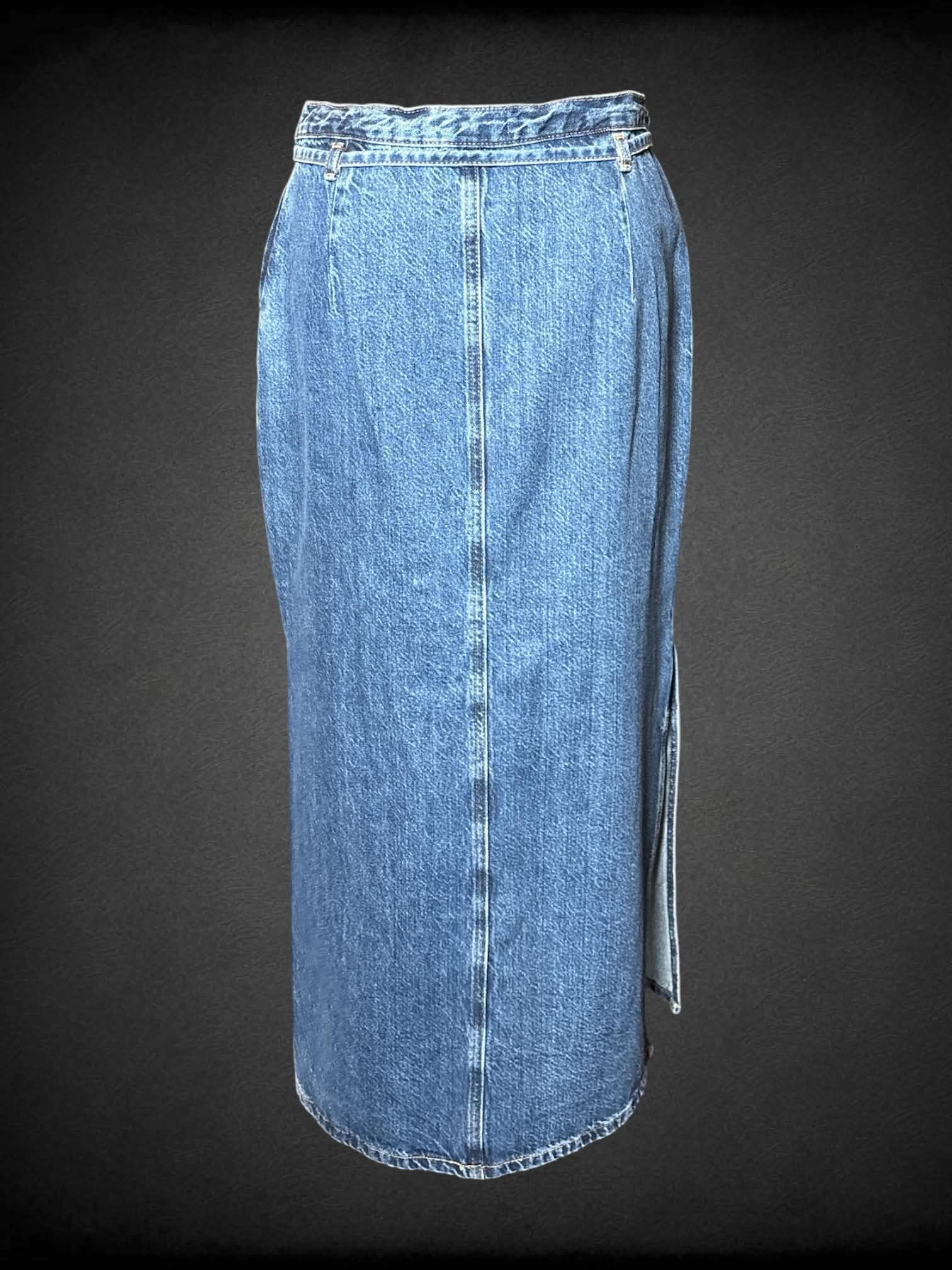 M Lefties long denim skirt with slit in skirt, zipper on side; and tie on waist