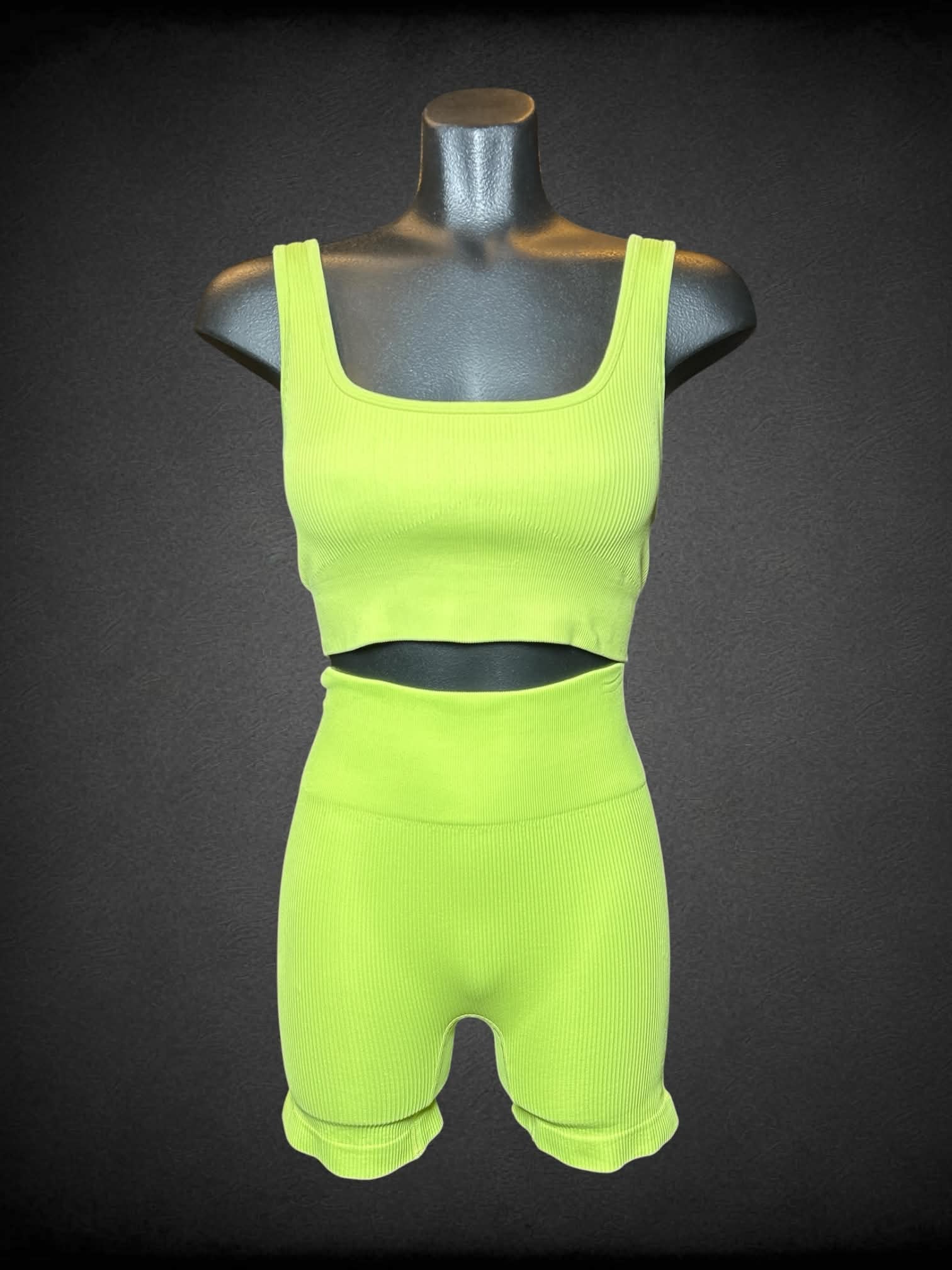 S OQQ lime green two-piece athletic set with shorts and top
