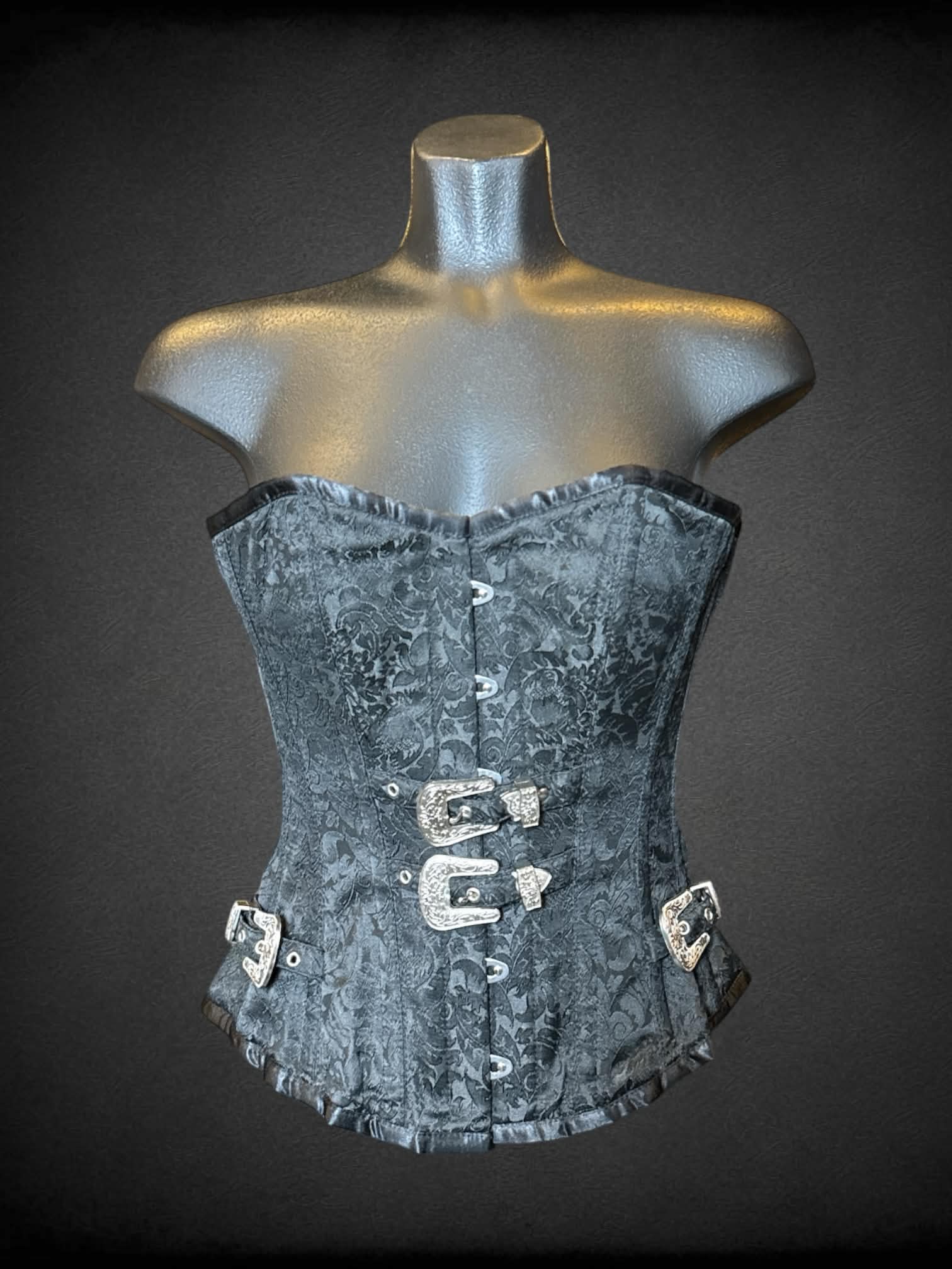 XS black lace-up corset with clasps, and decorative buckles