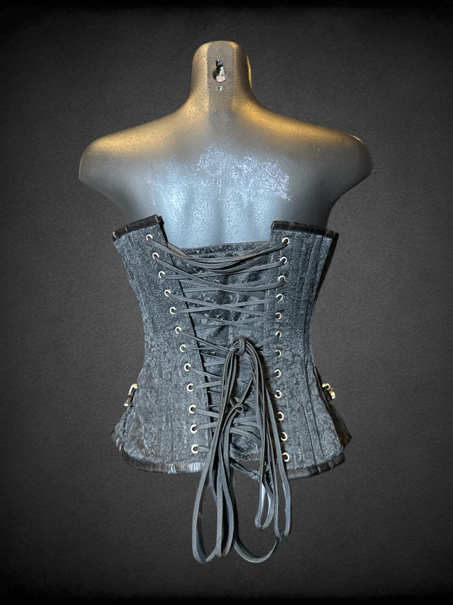 XS black lace-up corset with clasps, and decorative buckles