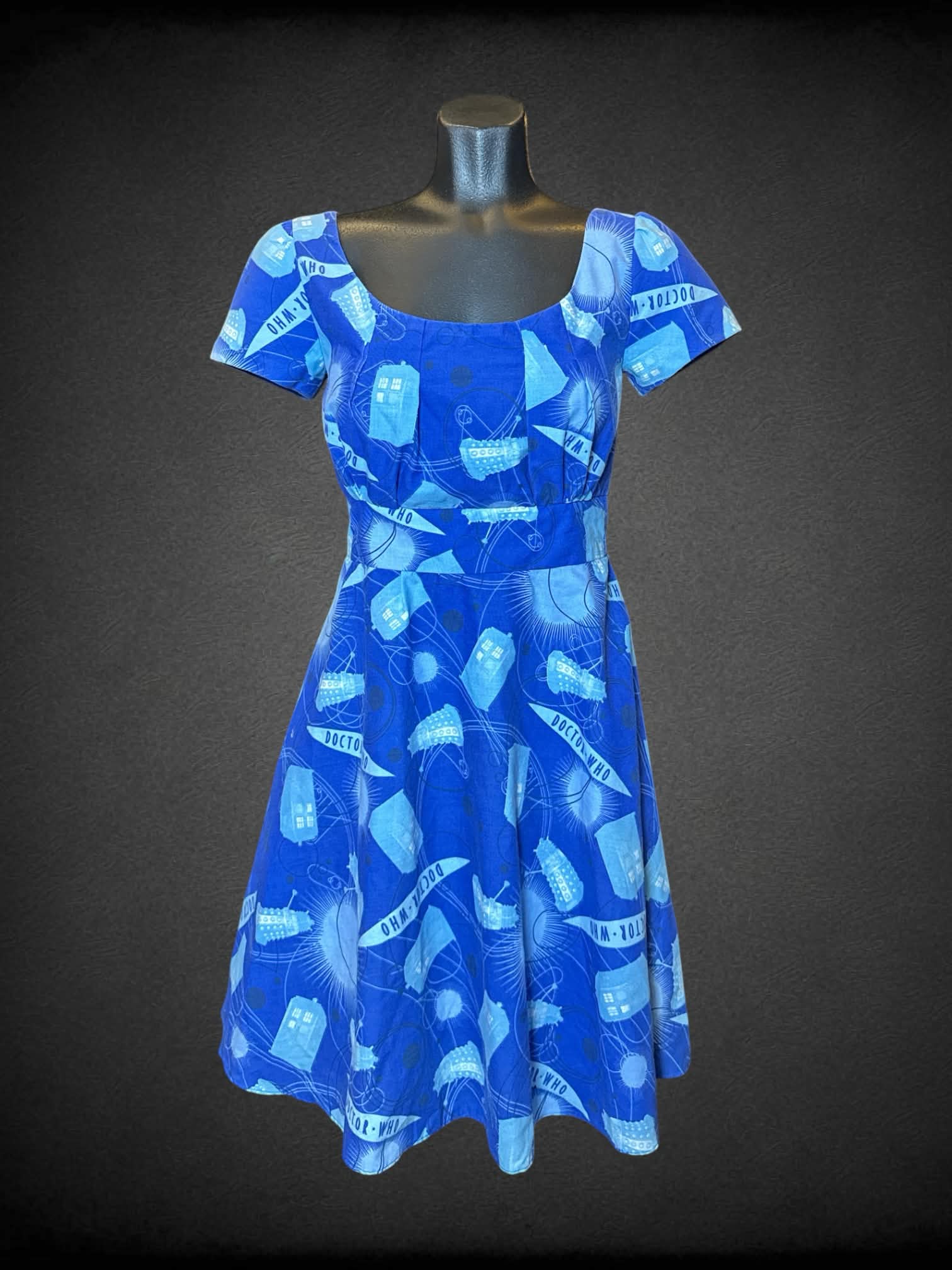 XS Sweetcheeks Stitches blue short dress with “Doctor Who” pattern, and zipper on back