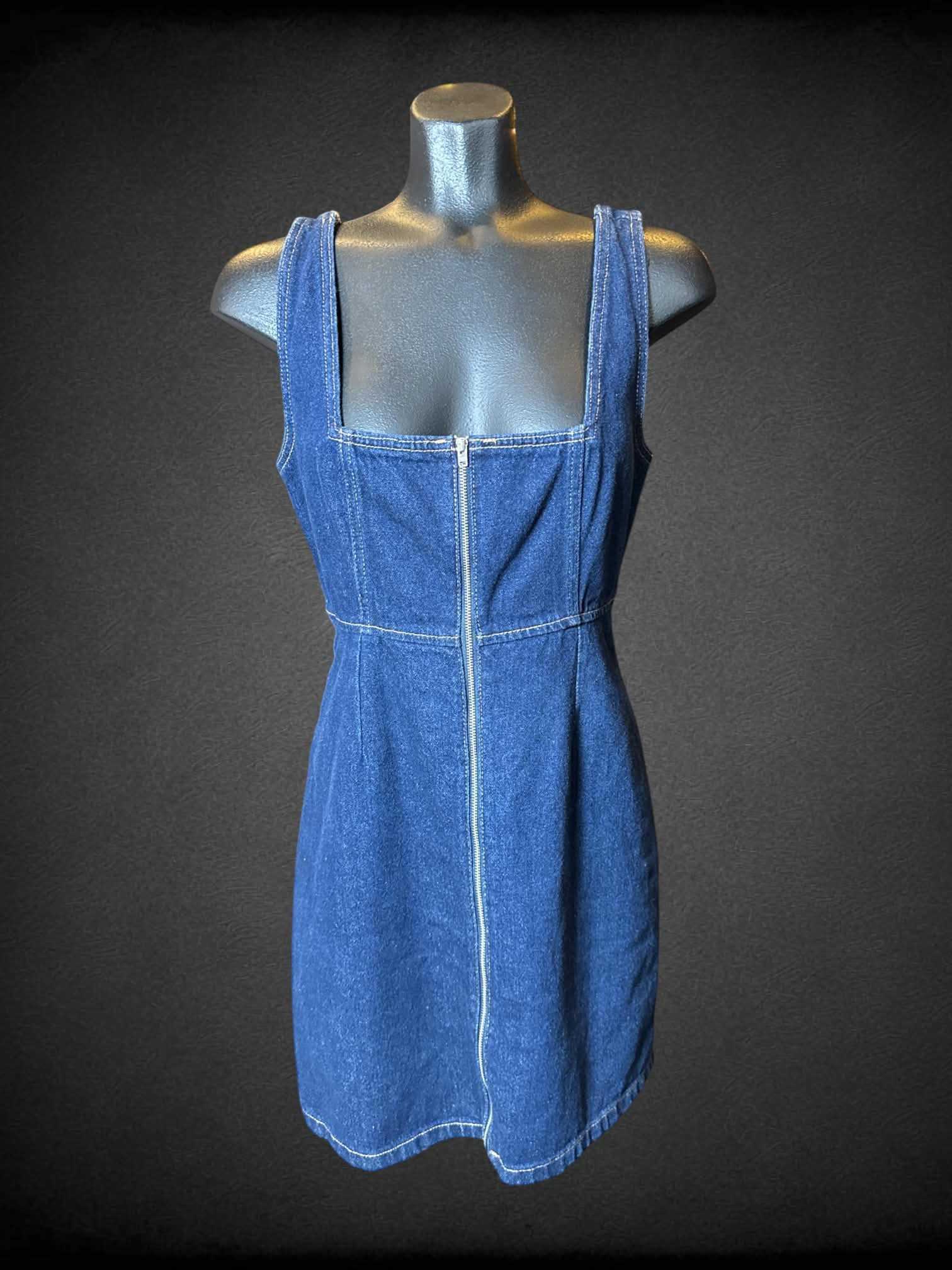 S BDG blue denim short overall dress with zipper on front