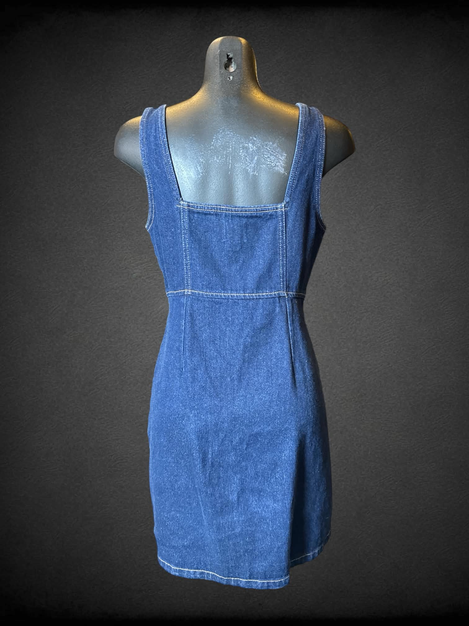 S BDG blue denim short overall dress with zipper on front