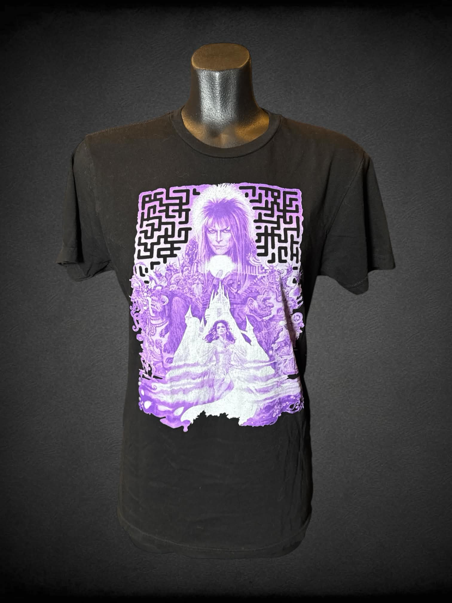 M Rock Me black t shirt with purple “Labyrinth” graphic on front