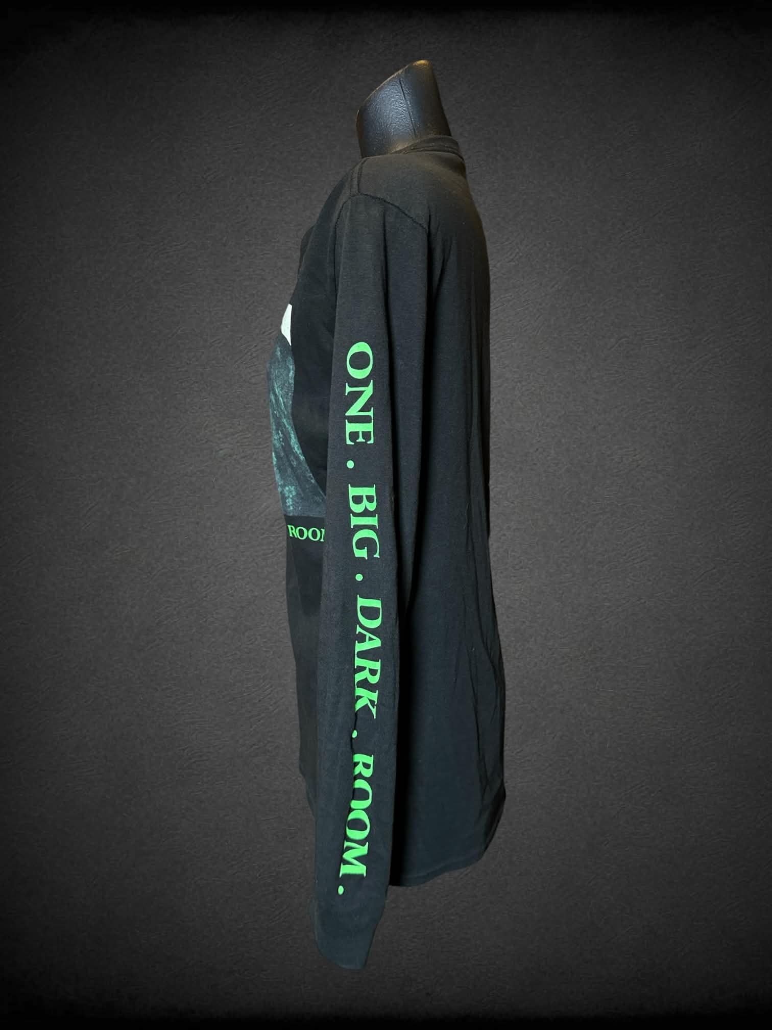 M BeetleJuice black long-sleeve t shirt with Lydia Deetz graphic on front and “one big dark room” writing on sleeve from the movie “BeetleJuice”