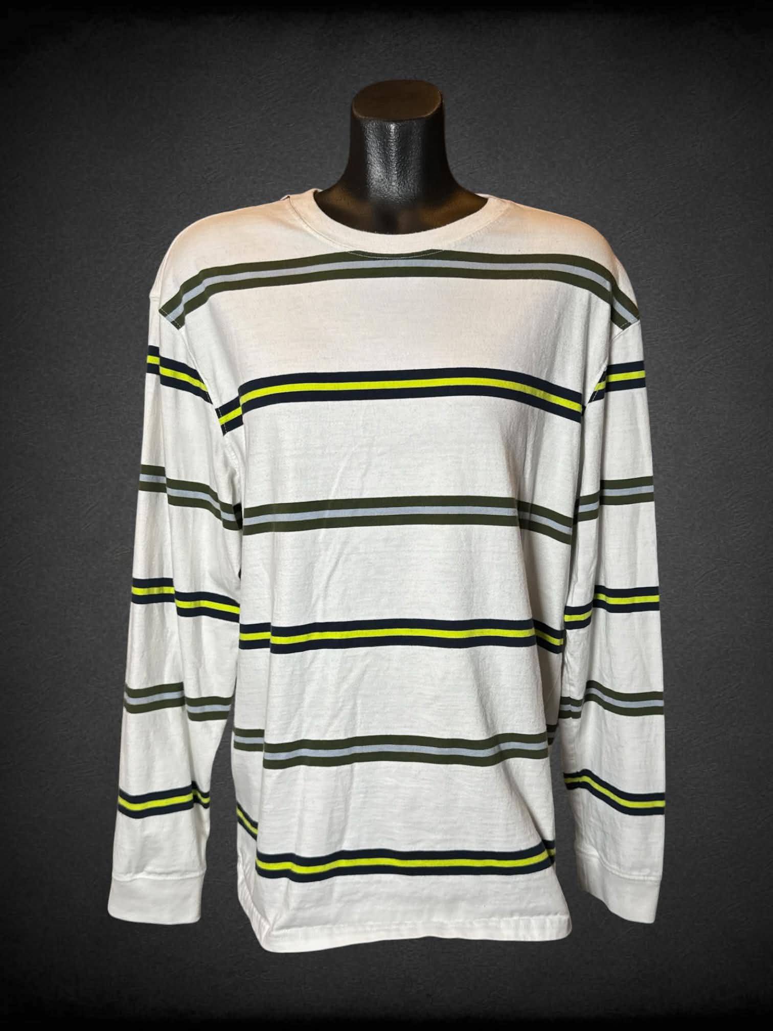 M H&M white long-sleeve t shirt with green and blue striped pattern