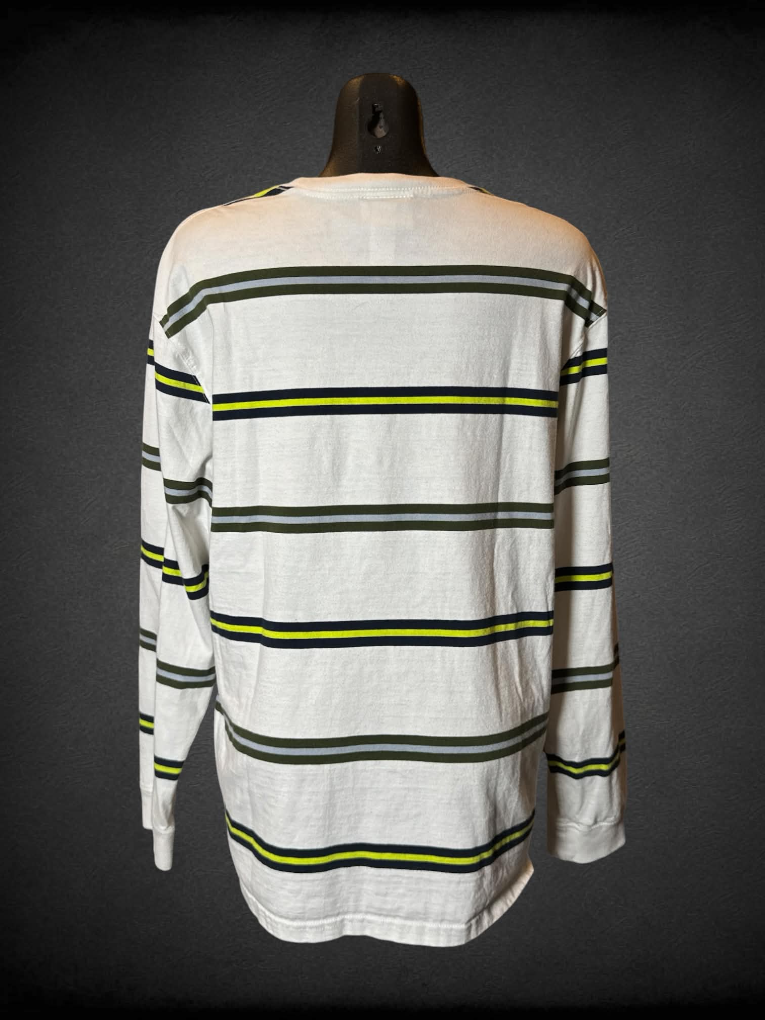 M H&M white long-sleeve t shirt with green and blue striped pattern