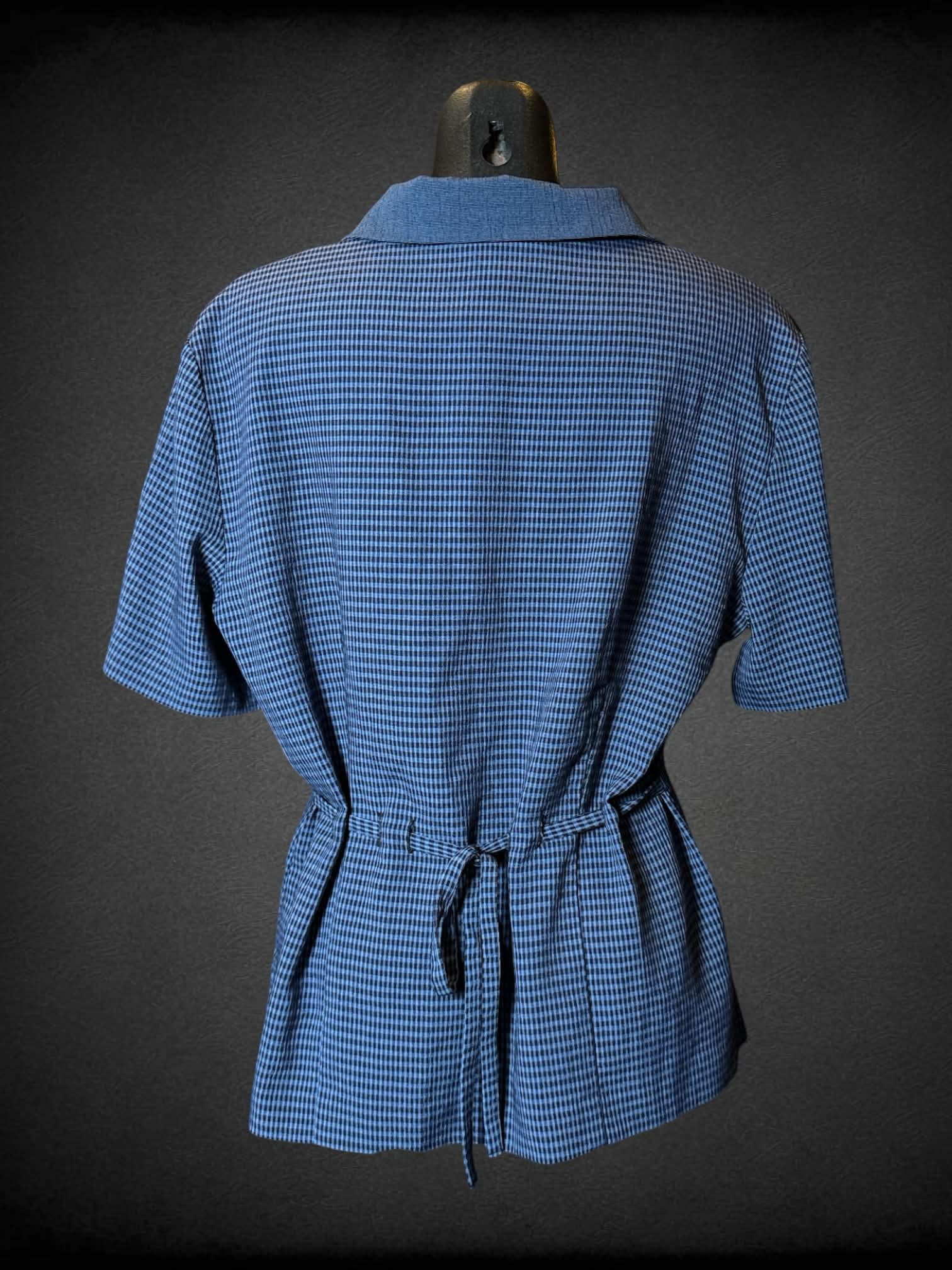 M Sag Harbour vintage blue plaid button-up shirt with waist tie on back