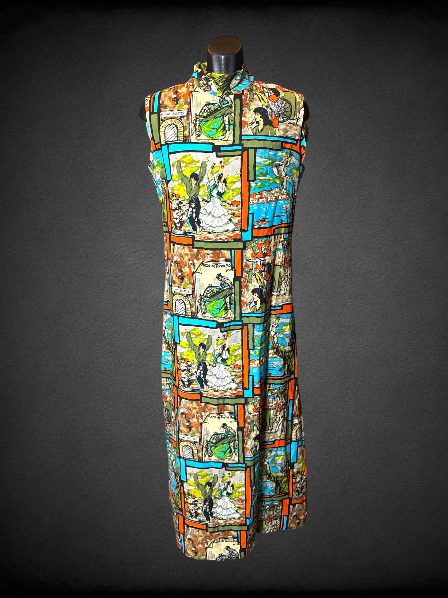 M homemade blue turtleneck dress with painted collage design, and zipper on back