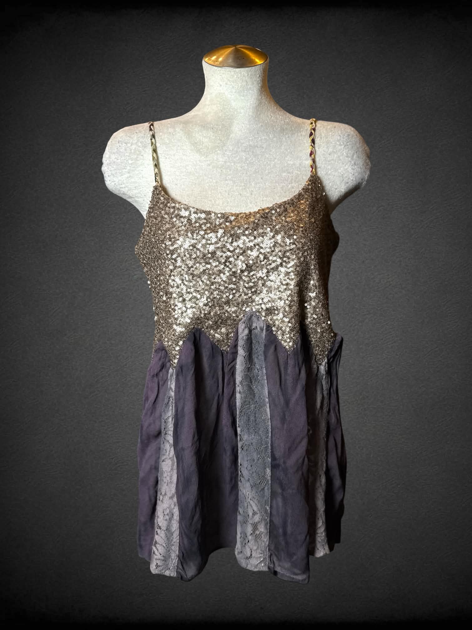 L Gimmicks brown sequined fairy cami top with purple lace design, and braided straps