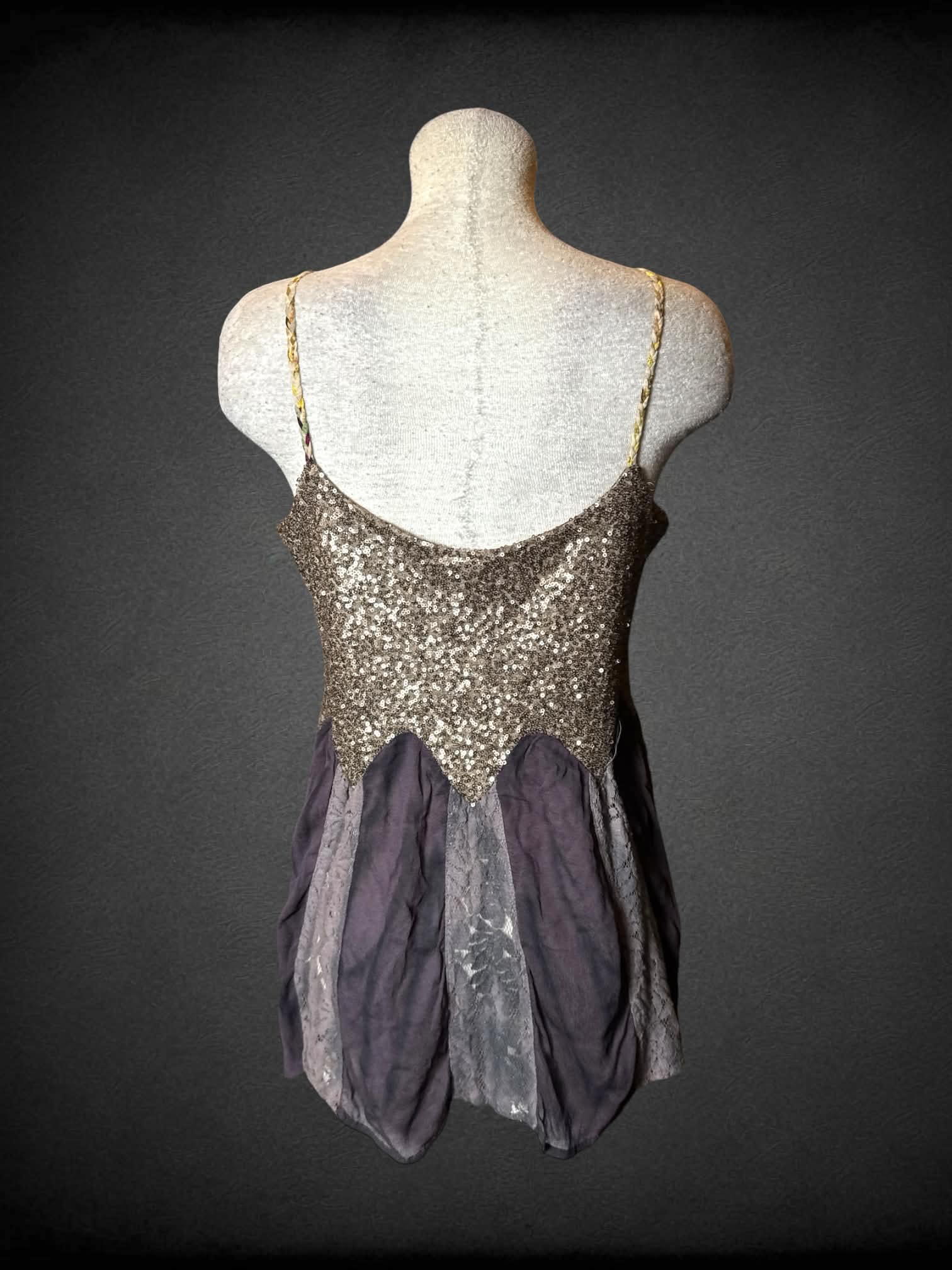 L Gimmicks brown sequined fairy cami top with purple lace design, and braided straps