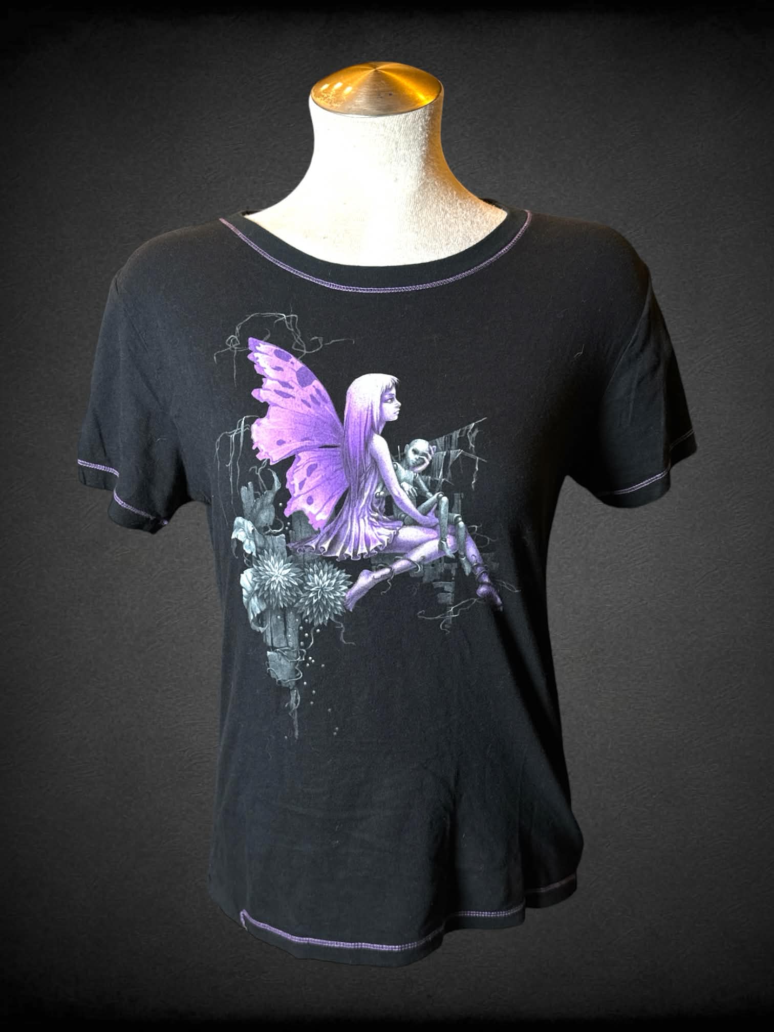 L Trick Fairies black t shirt with purple spooky fairy graphic on front
