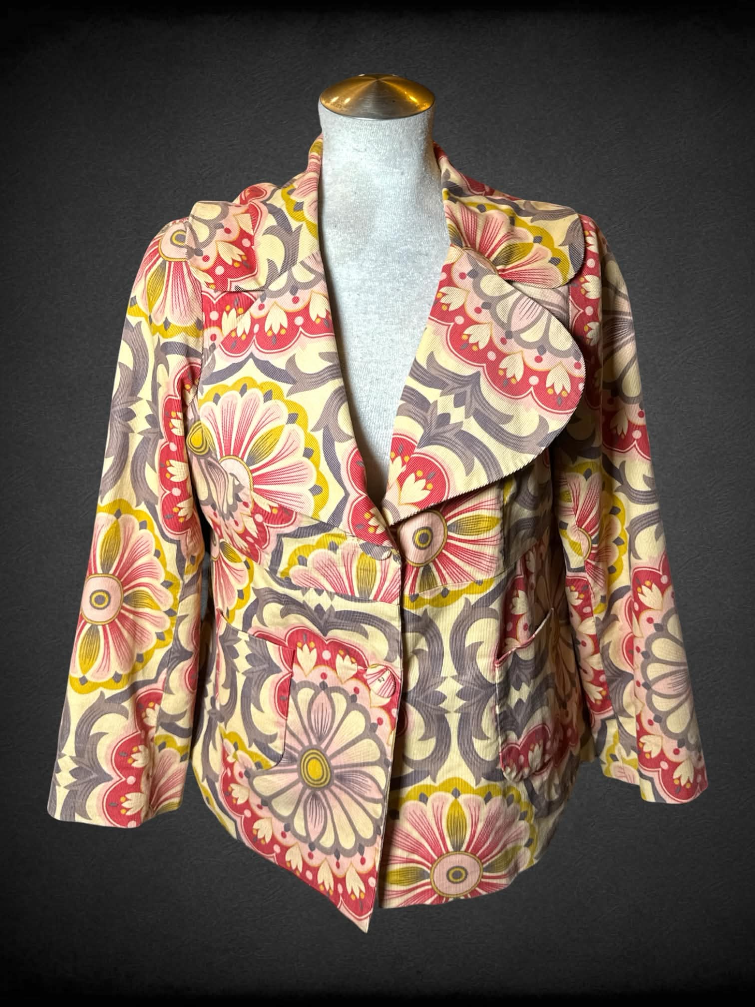 L fei yellow corduroy button-up blazer with floral pattern, and pockets on front
