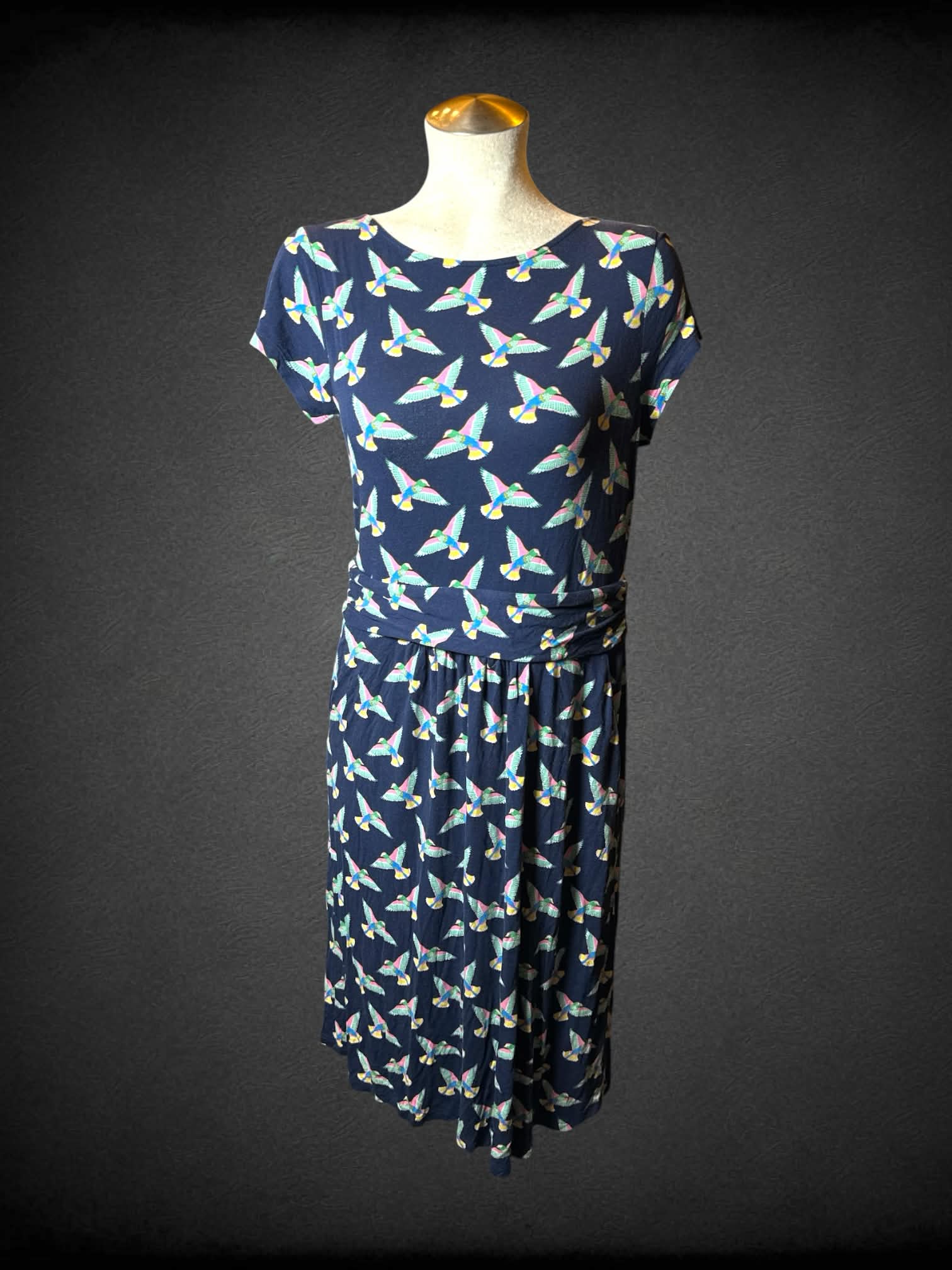 L Boden blue dress with colorful bird pattern, and pockets