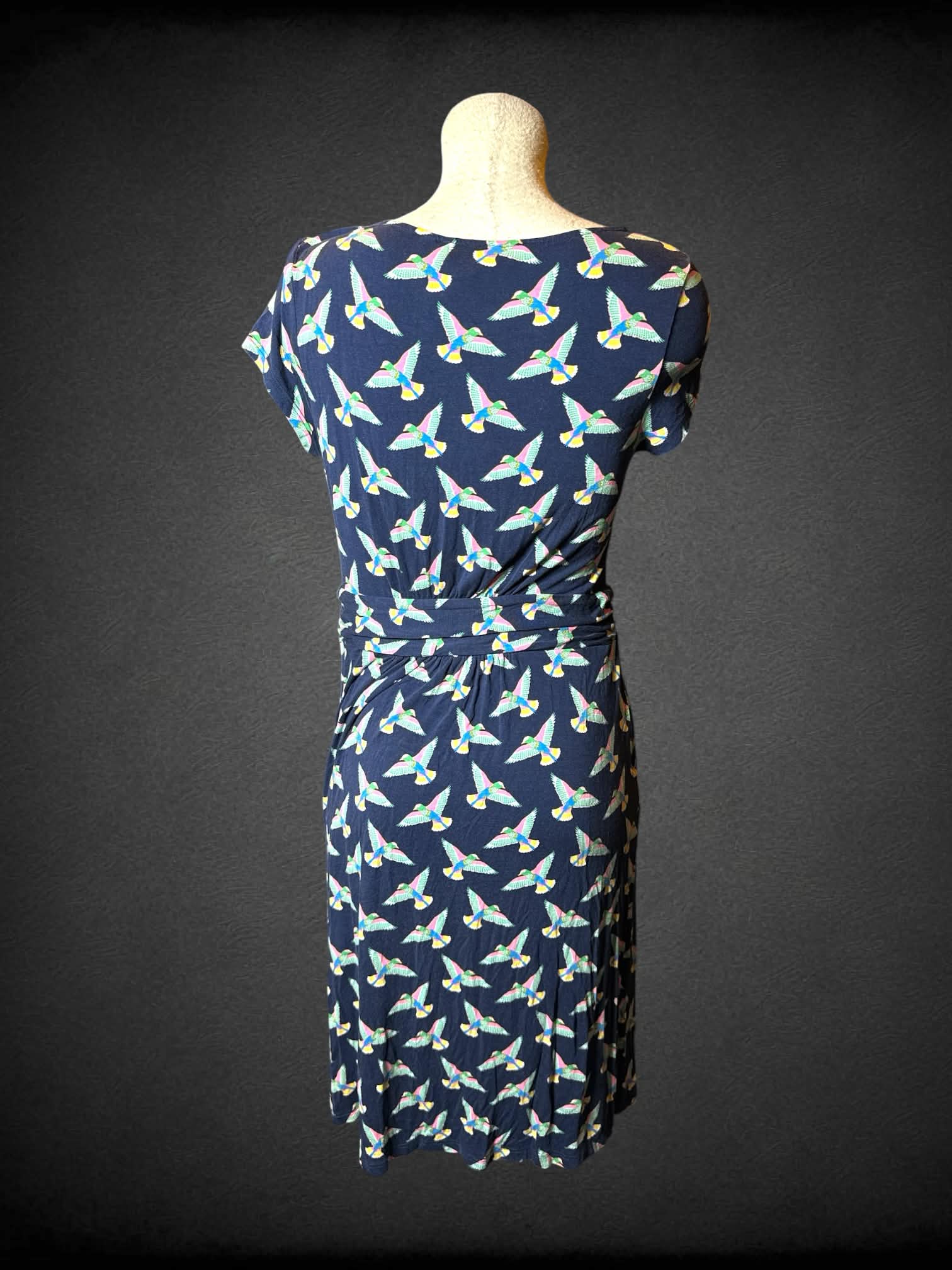 L Boden blue dress with colorful bird pattern, and pockets