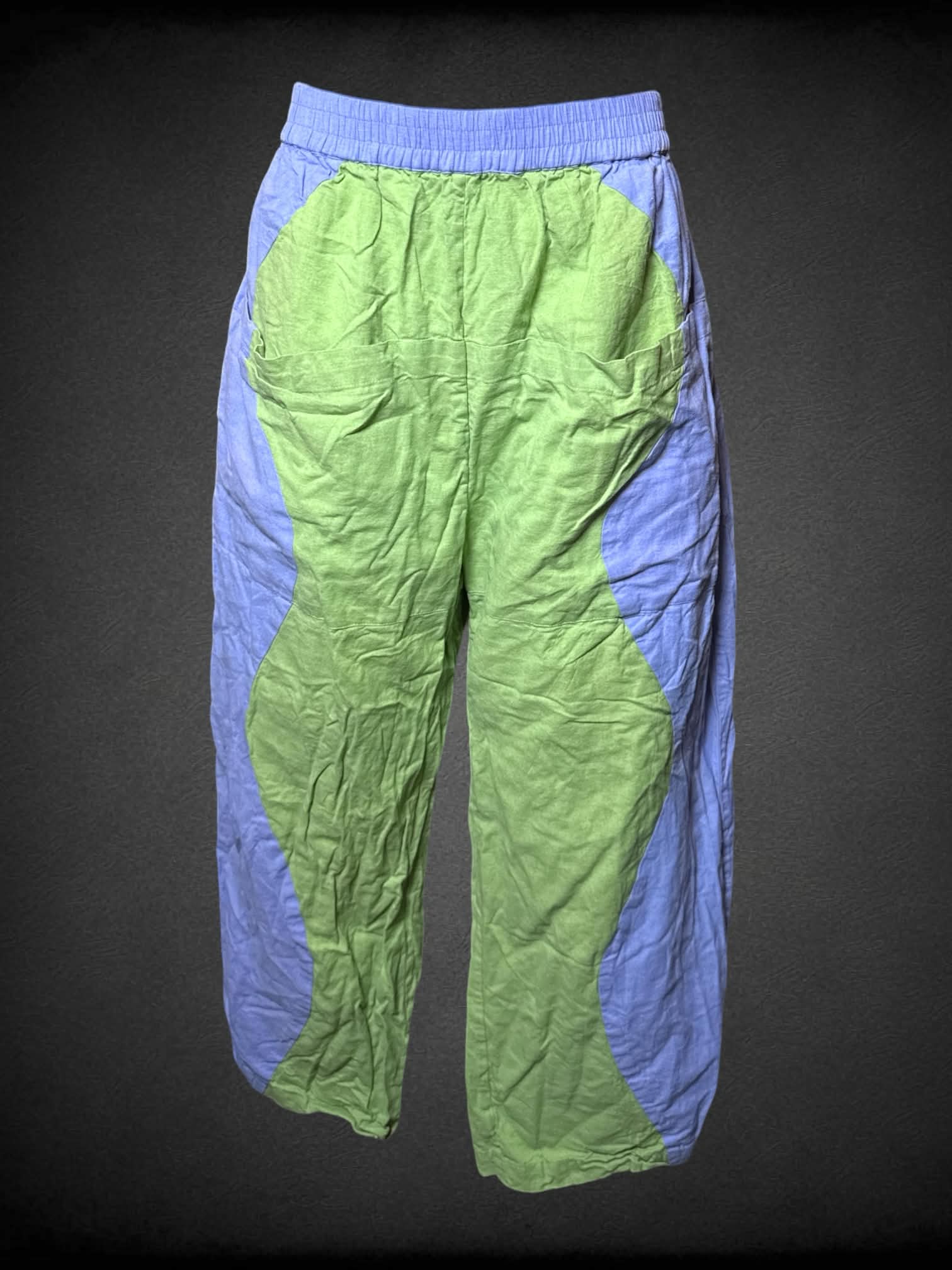 L Rujuta Sheth green and purple pants with stretch waist, and pockets on front