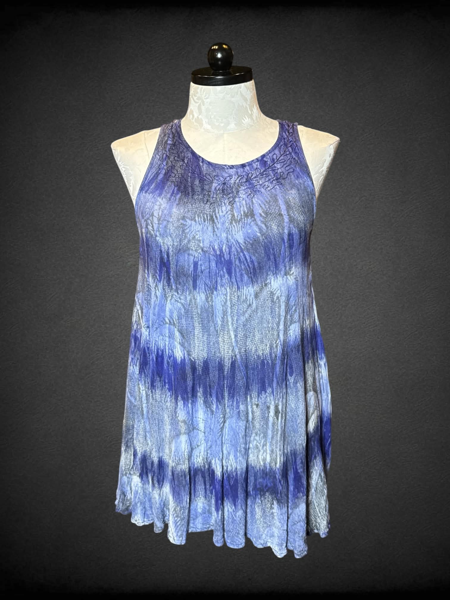 XL Advanced blue & purple tie-die short dress with embroidery on neckline