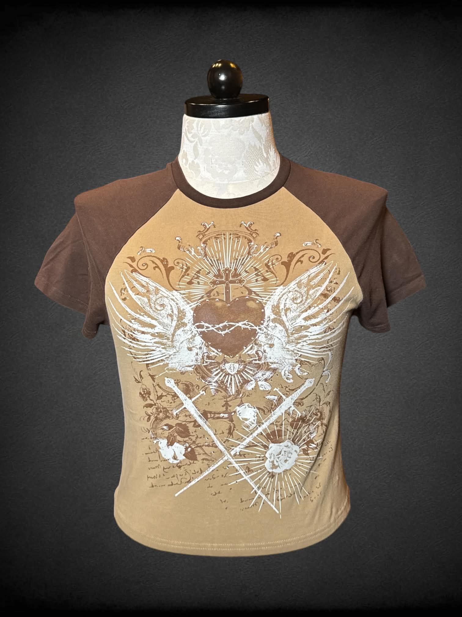 0X Hot Topic brown raglan baby tee with bedazzled sacred heart and sword graphic on front