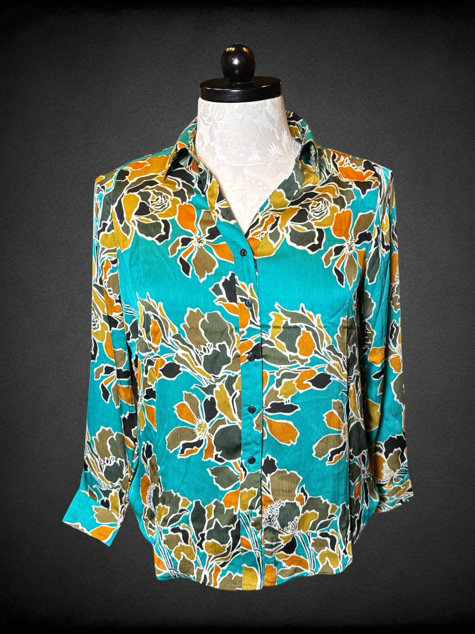 0X Ninety teal button-up shirt with brown floral pattern