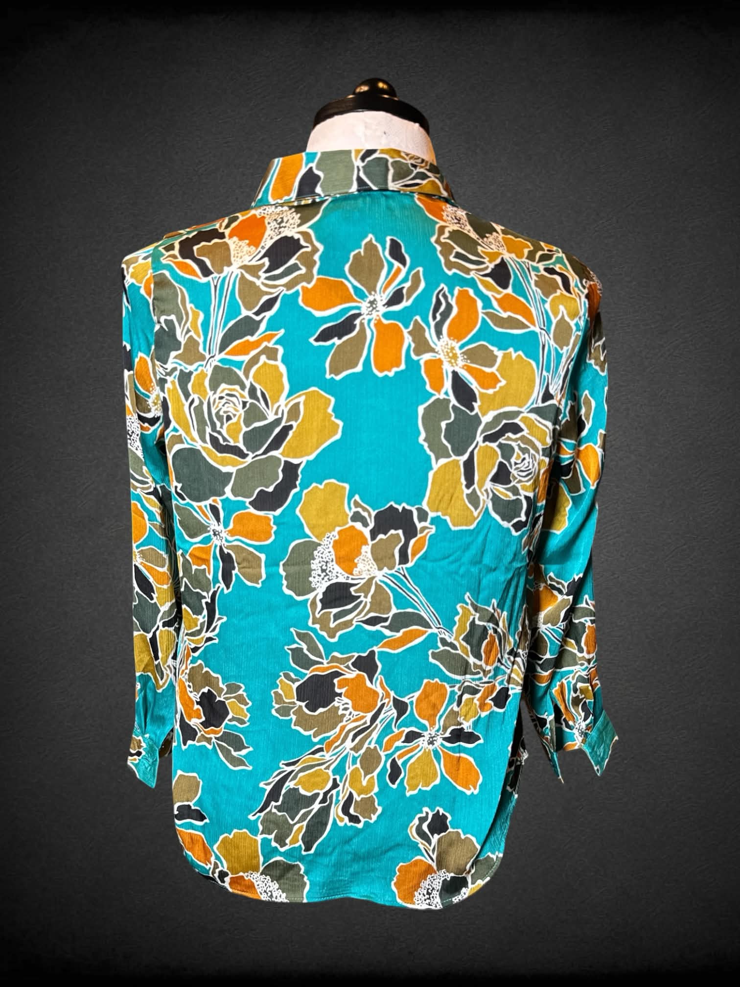 0X Ninety teal button-up shirt with brown floral pattern