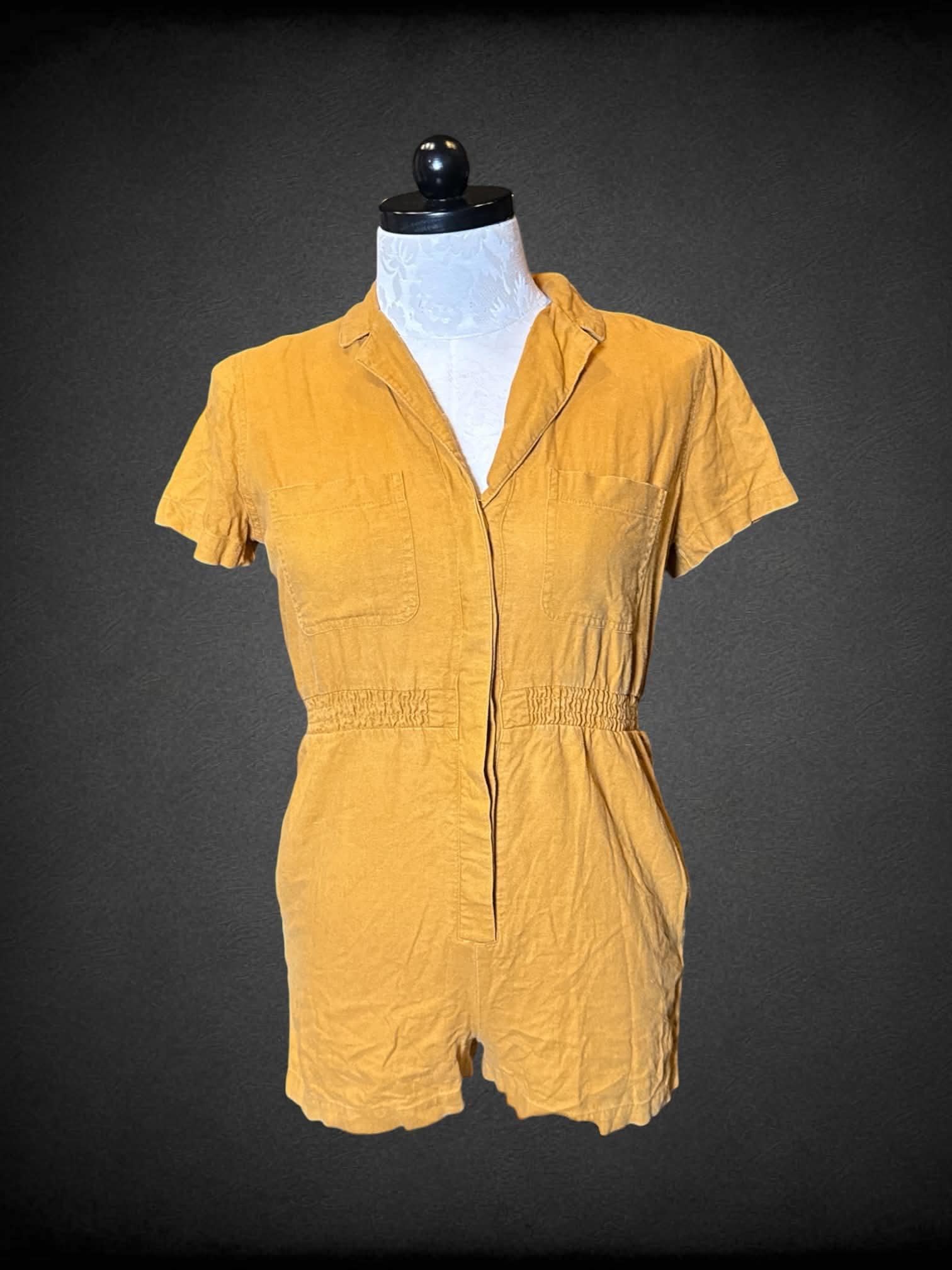 0X Universal Threads mustard yellow jumpsuit with buttons on front, and shirred waist