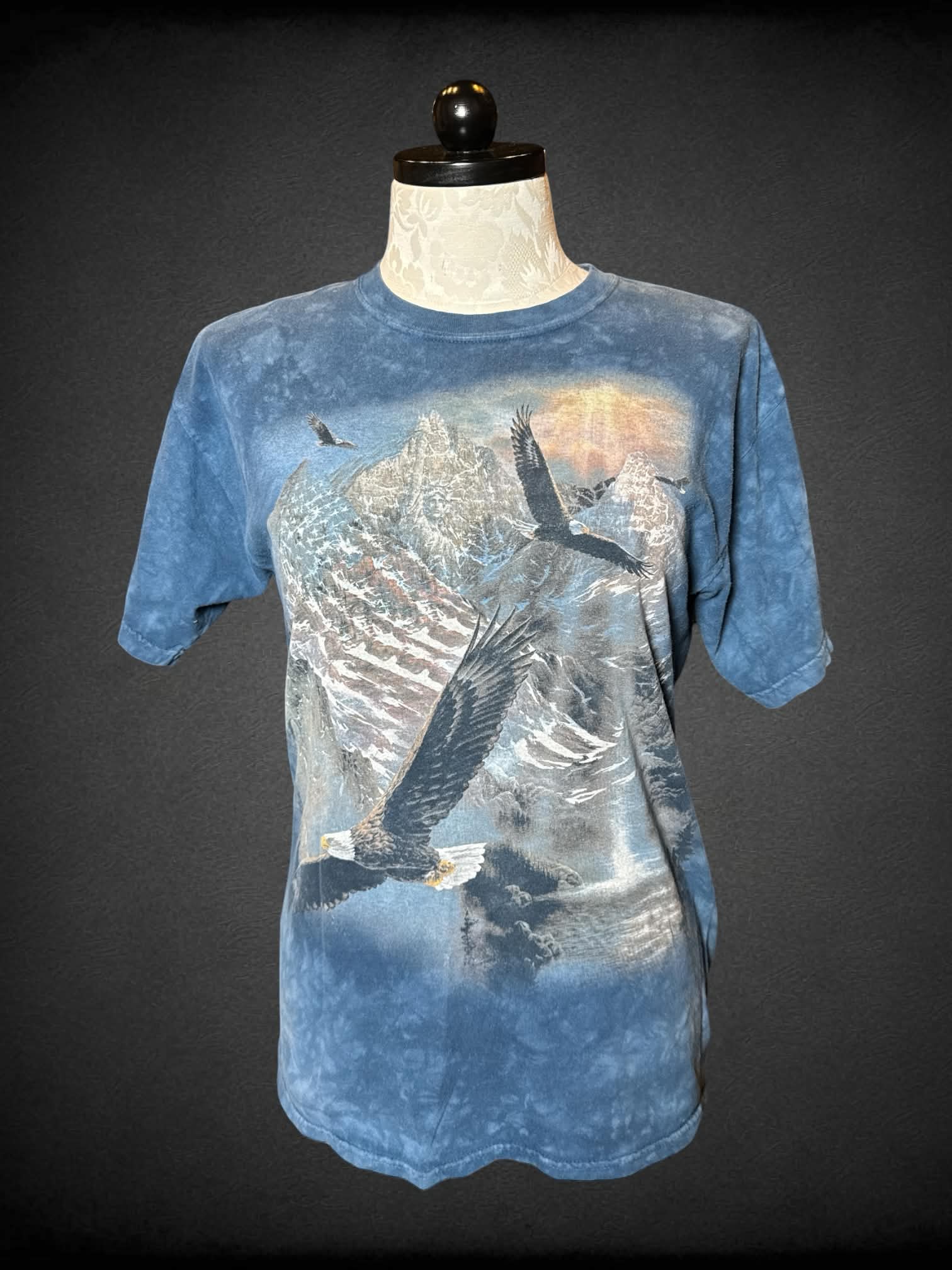 1X The Mountain blue tie-dye shirt with eagle and American flag graphic on front