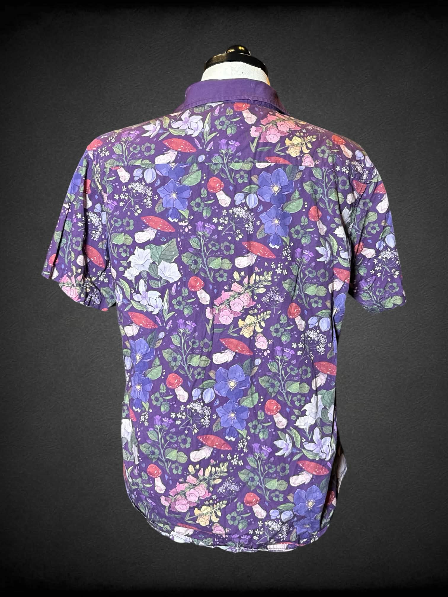 1X Morning Witch purple button-up shirt with flower and mushroom pattern, and embroidered flower on pocket and collar