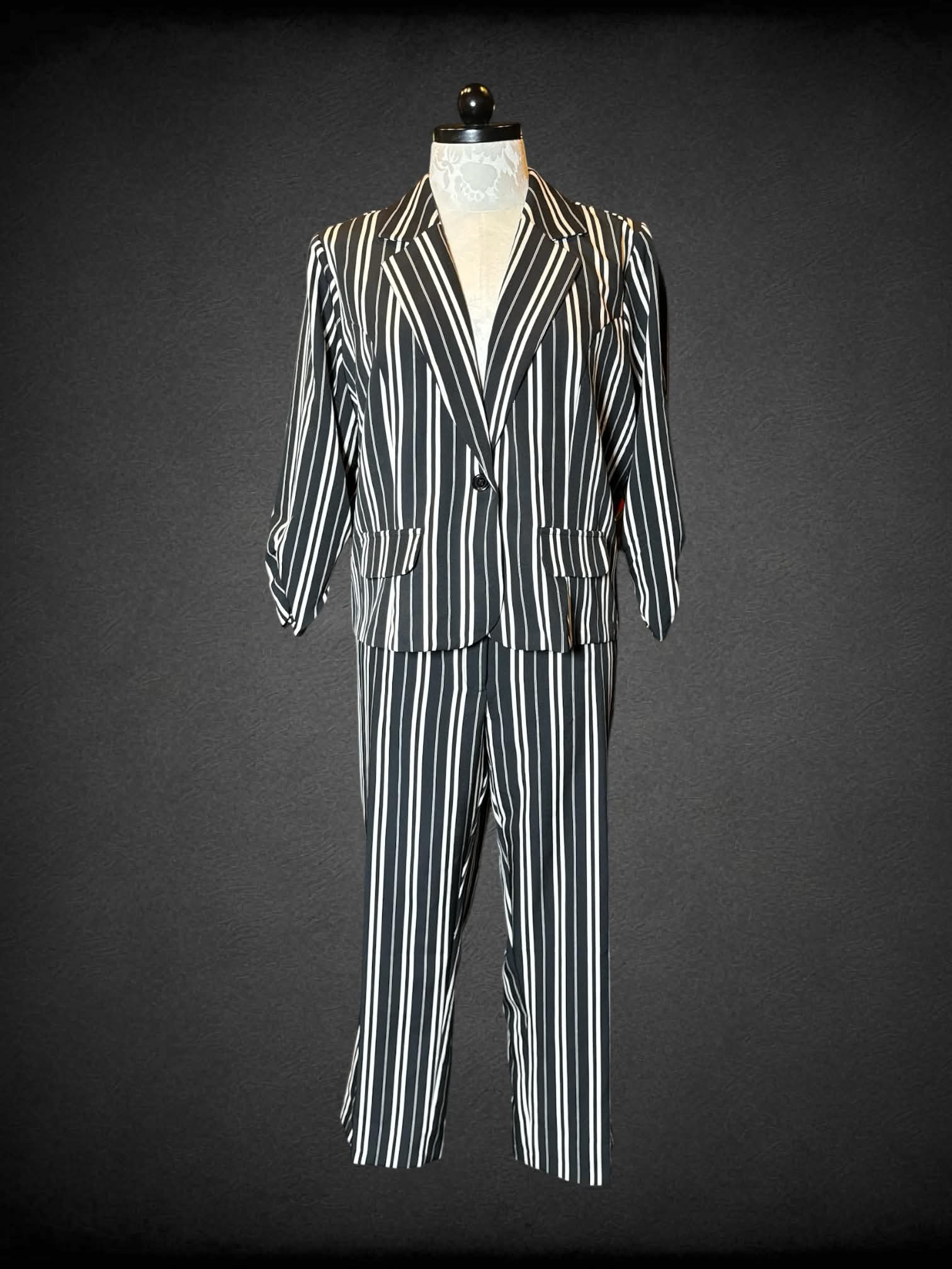 1X Ashley Stewart black and white striped two-piece set with formal pants, and blazer
