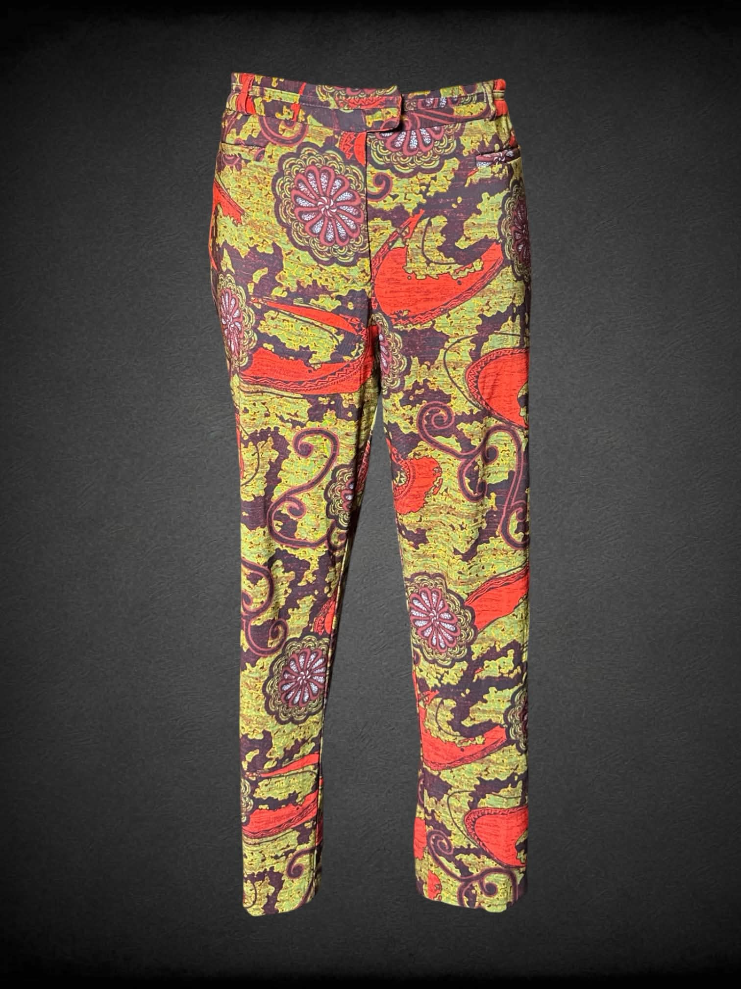 1X Ashley Stewart brown pants with green & orange ornamental pattern, and faux pockets