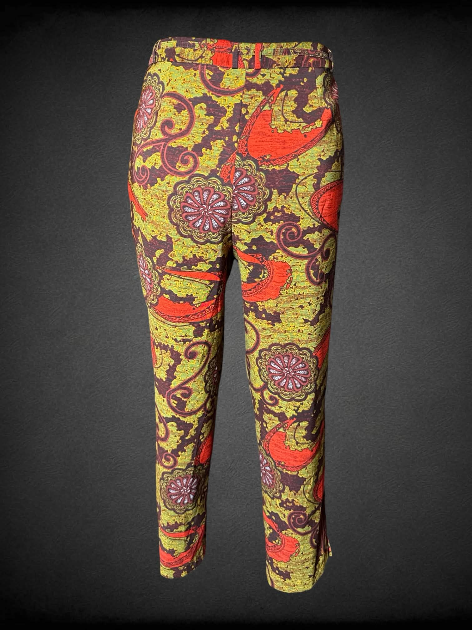 1X Ashley Stewart brown pants with green & orange ornamental pattern, and faux pockets
