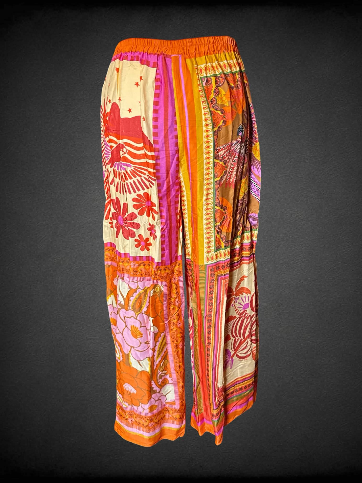1X Farm Rio NWT orange flowy pants with tropical “quilt-like” pattern, pockets, and stretch waist