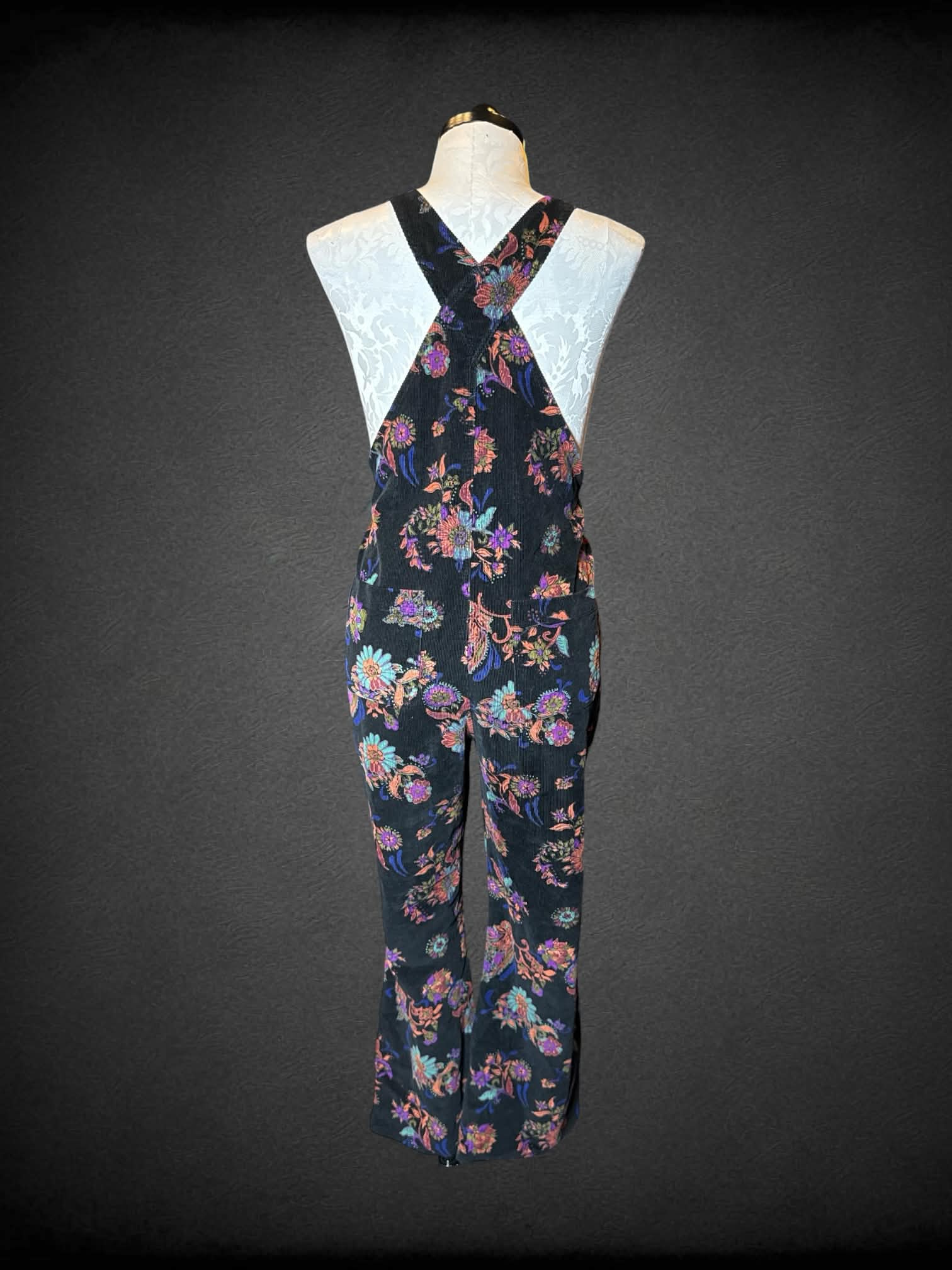 2X ModCloth black corduroy overalls with paisley floral pattern