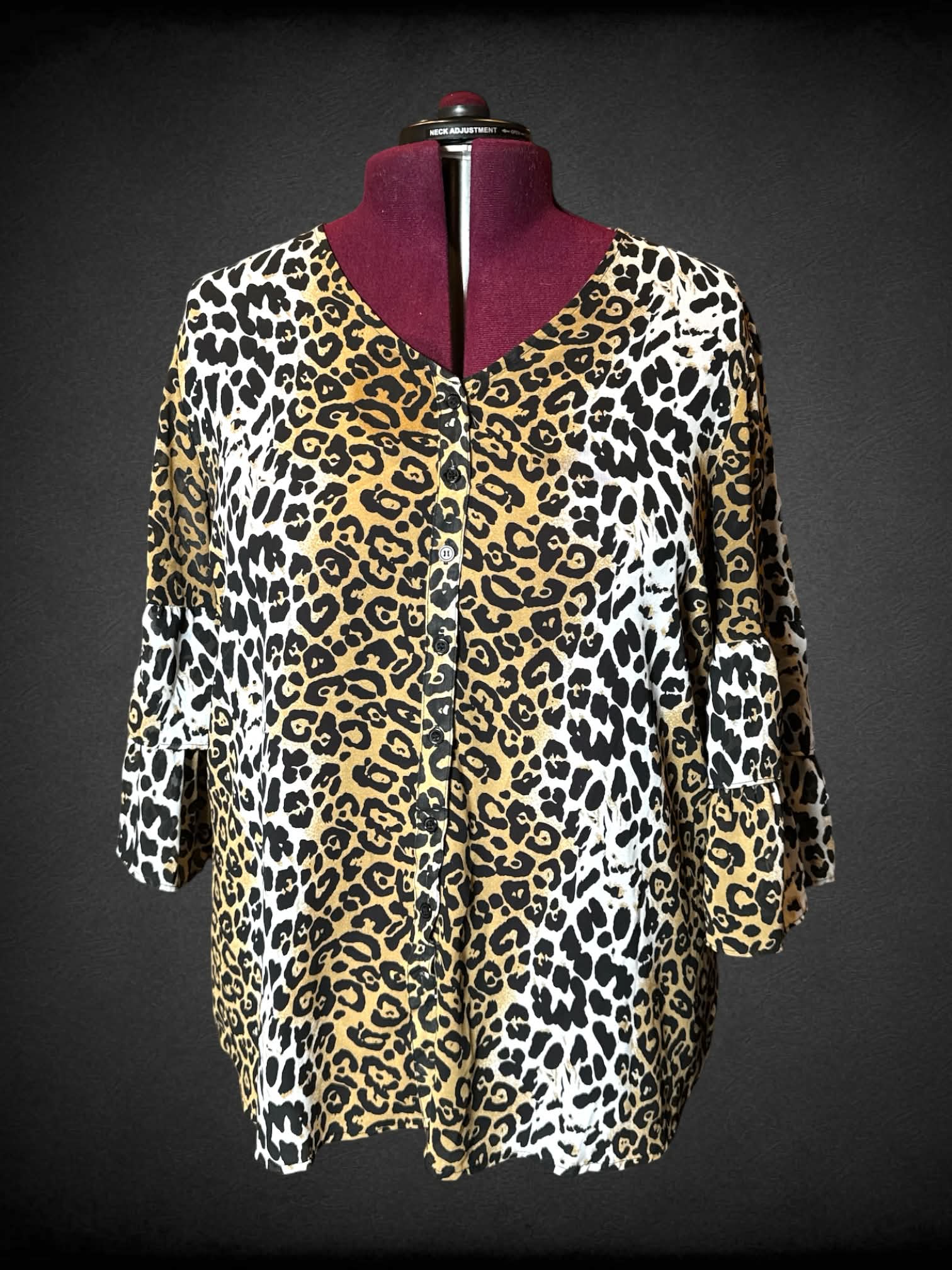 2X Ashley Stewart semi-sheer brown button-up blouse with leopard print design