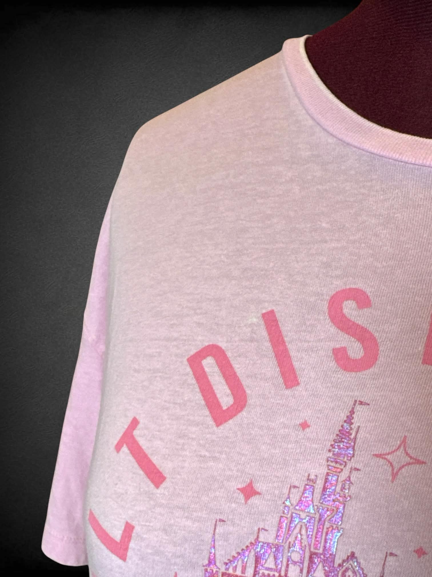 3X Disney light pink t shirt with iridescent “Walt Disney World” graphic on front