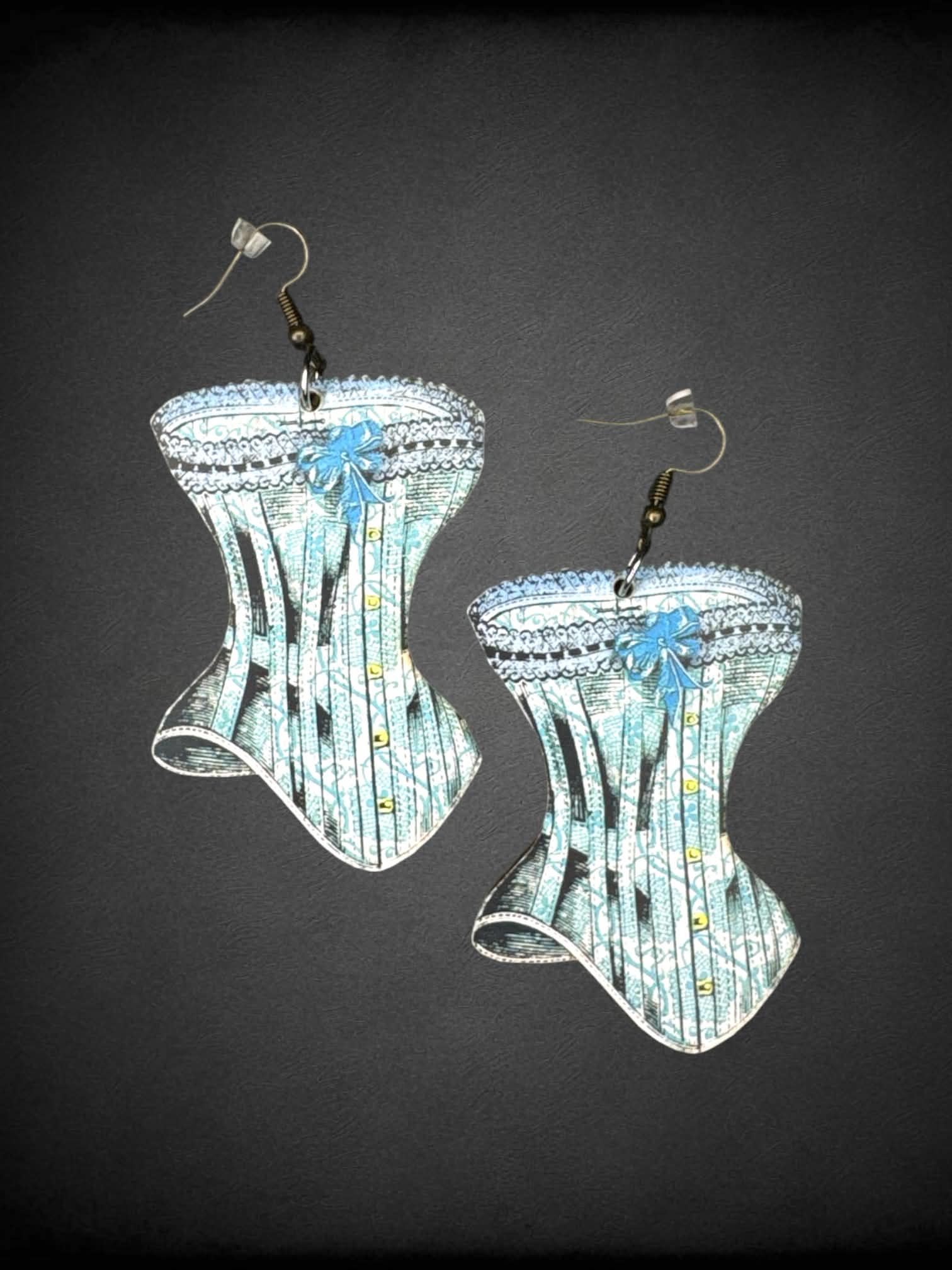 Wooden blue corset earrings