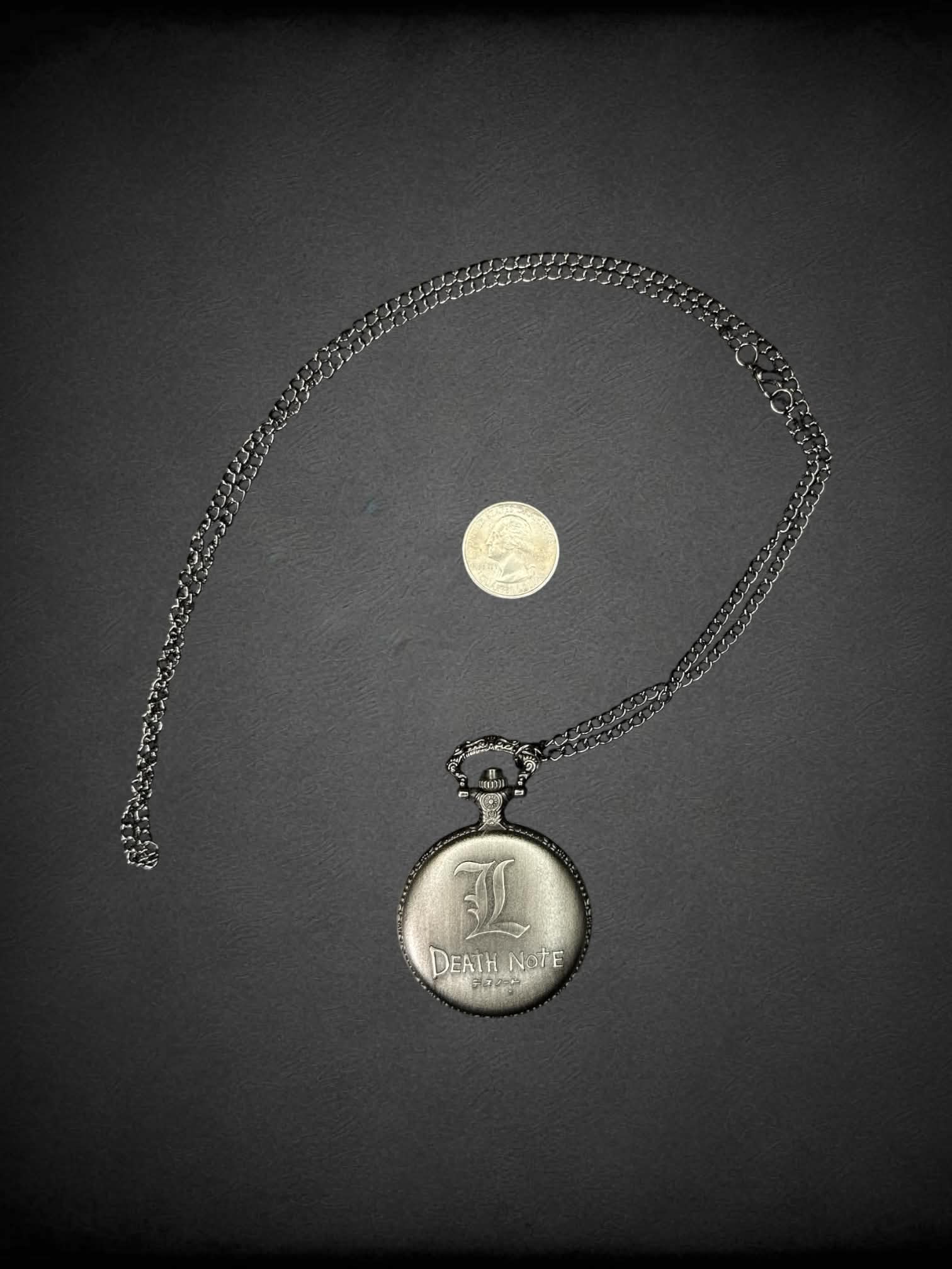 Death Note pocket watch necklace with “Death Note” and “L” symbols
