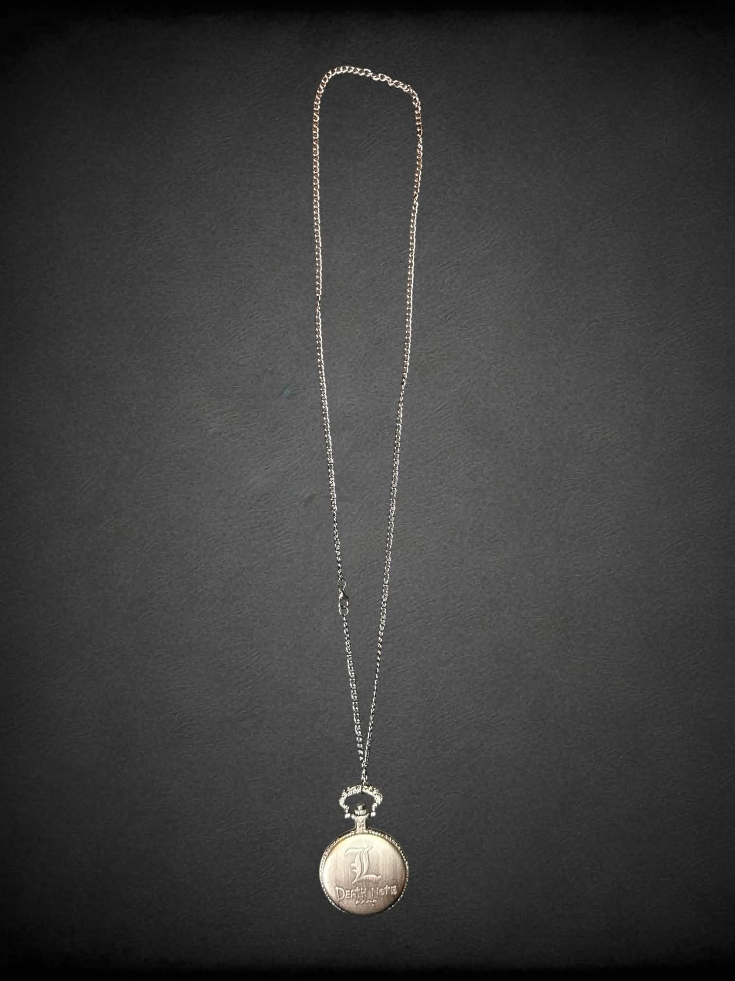 Death Note pocket watch necklace with “Death Note” and “L” symbols