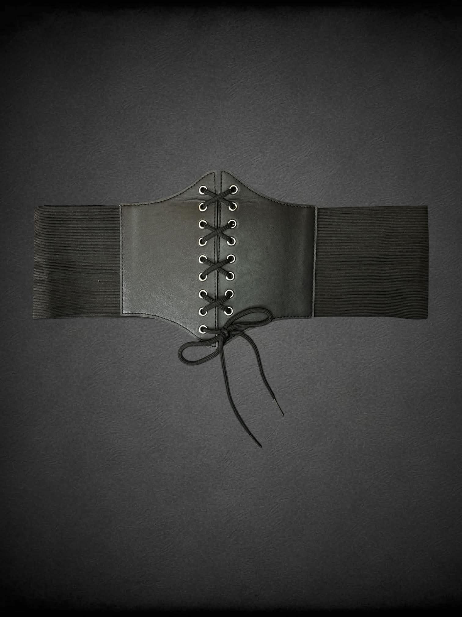 XL black faux leather corset belt with snap buttons on back